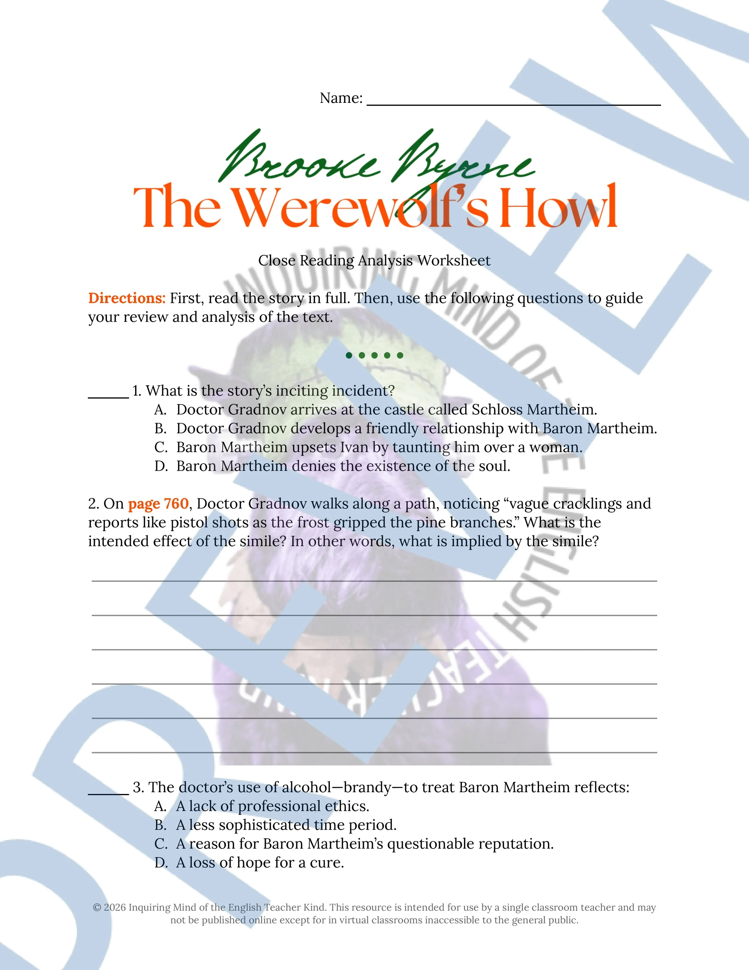 The Werewolf's Howl by Brooke Byrne Close Reading Analysis Worksheet and Answer Key (1).jpg