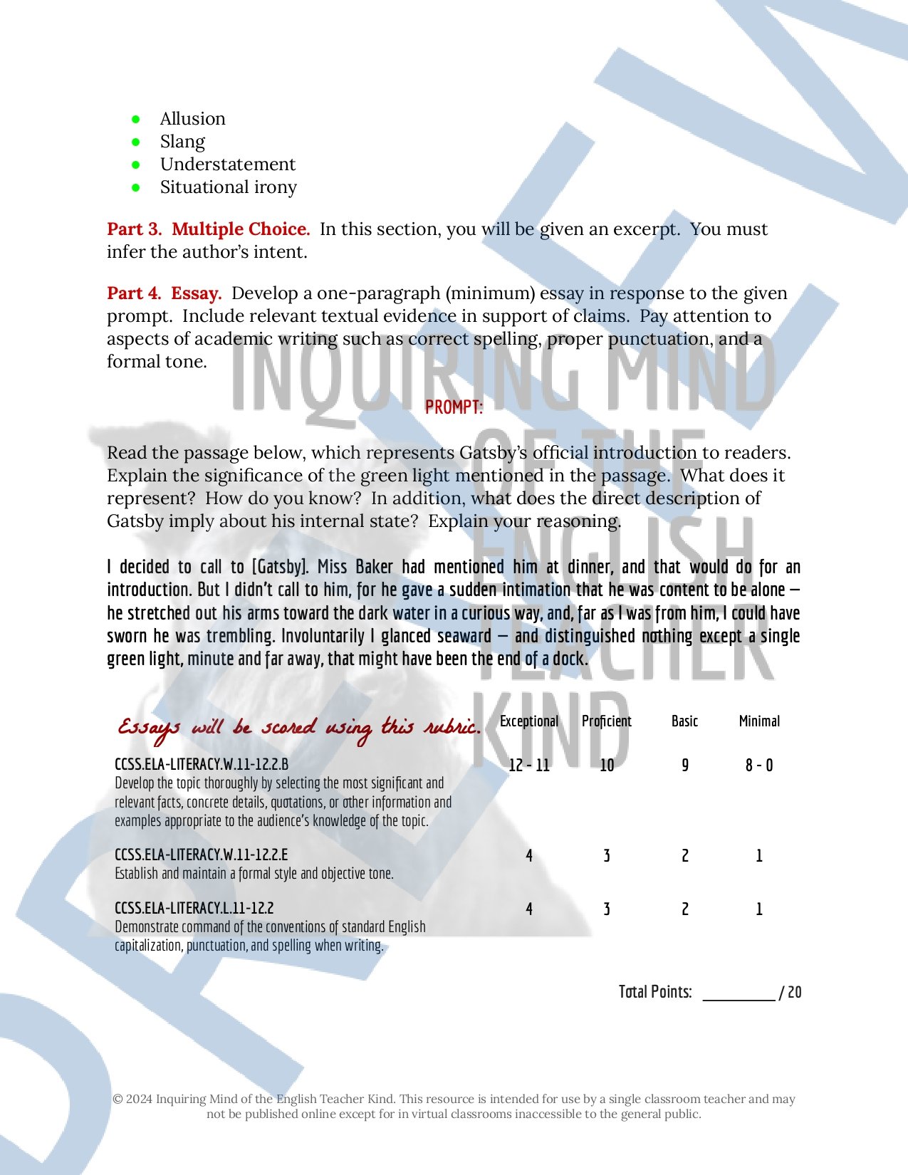 The Great Gatsby by F. Scott Fitzgerald Test, Answer Key, and Study Guide for High School