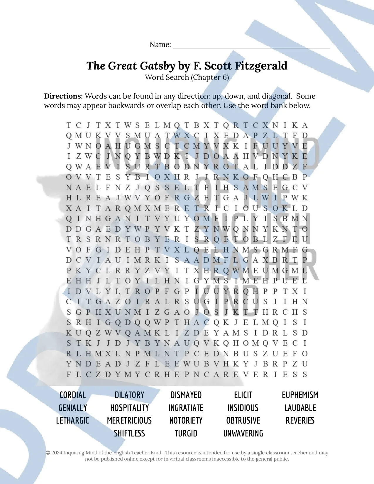 The Great Gatsby by F. Scott Fitzgerald Vocabulary Development Games for High School