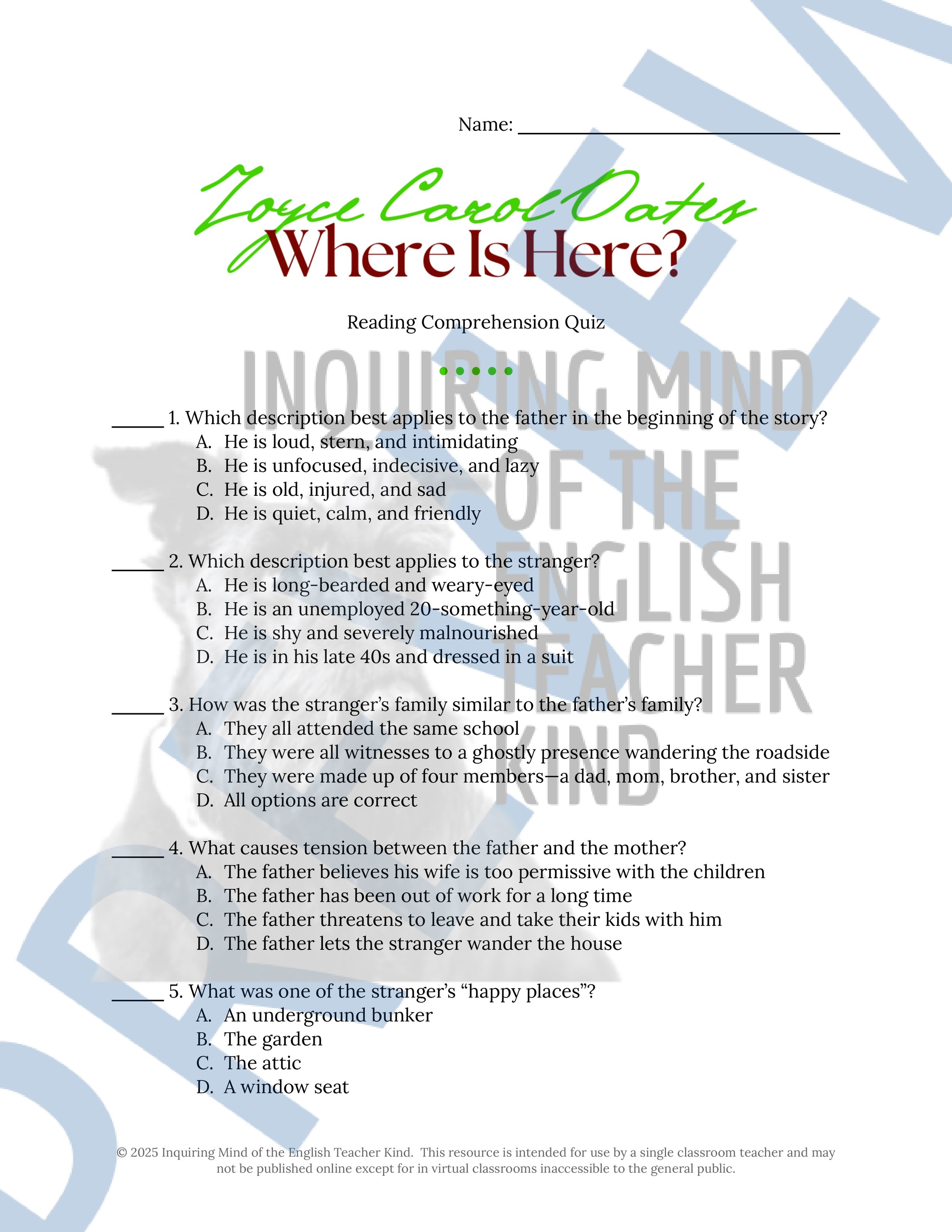 "Where Is Here?" by Joyce Carol Oates Quiz, Close Reading Analysis Worksheet, Vocabulary Activities, and Answer Keys for High School from Inquiring Mind of the English Teacher Kind