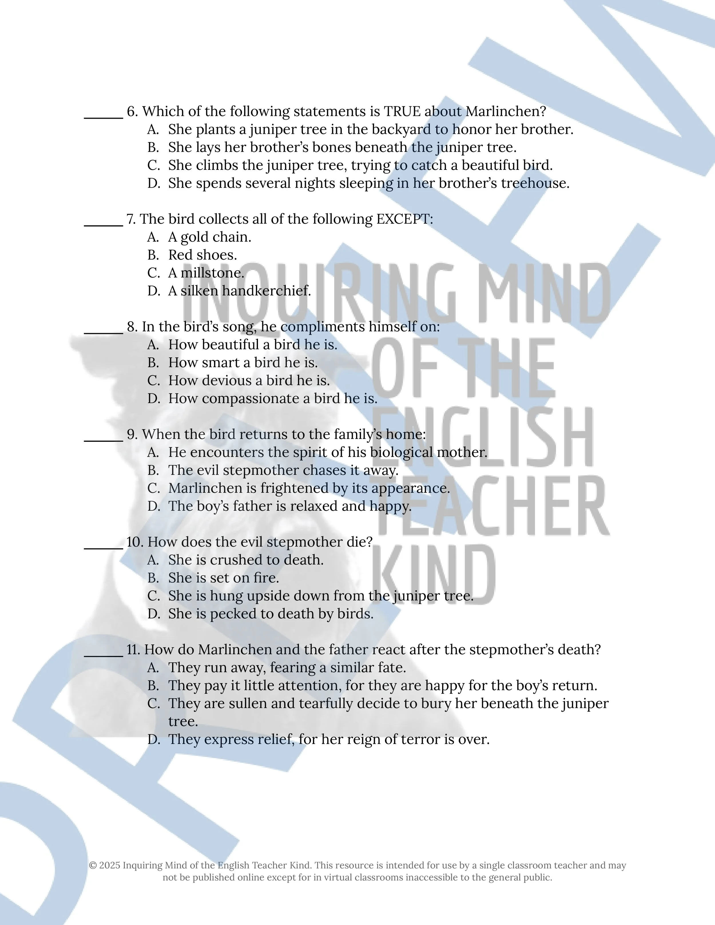 "The Juniper Tree" Quiz, Worksheets, and Vocabulary Games (Grimm's Fairy Tale) from Inquiring Mind of the English Teacher Kind