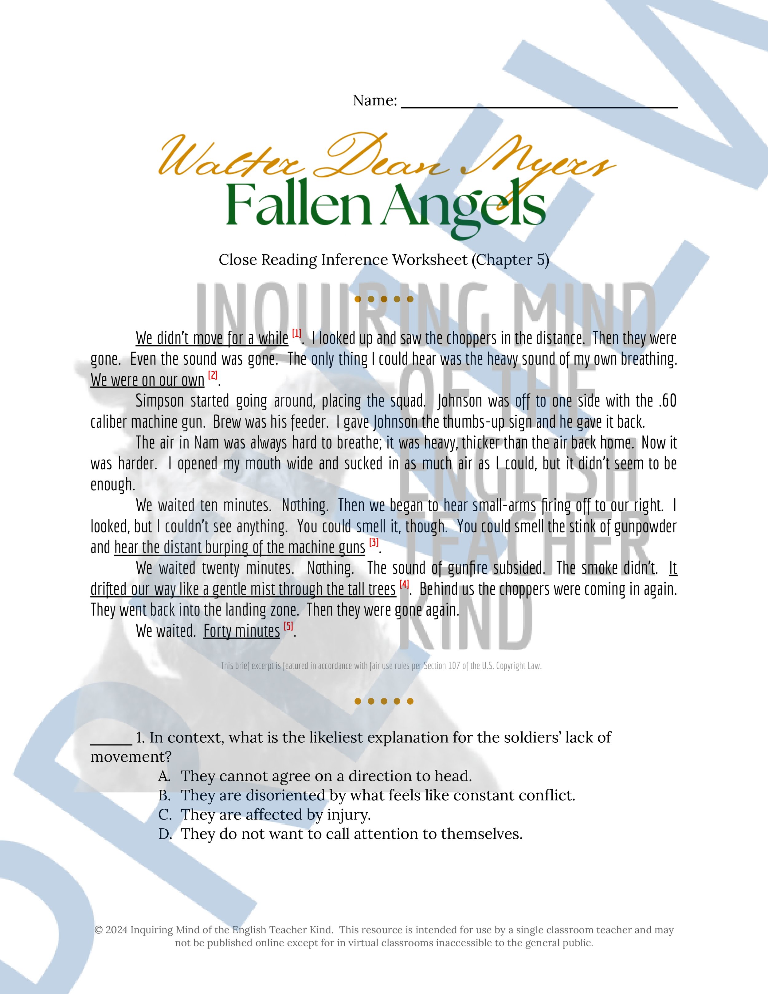 Fallen Angels Quizzes, Worksheets, Research Project, Test, and Answer Keys Mega Bundle from Inquiring Mind of the English Teacher Kind