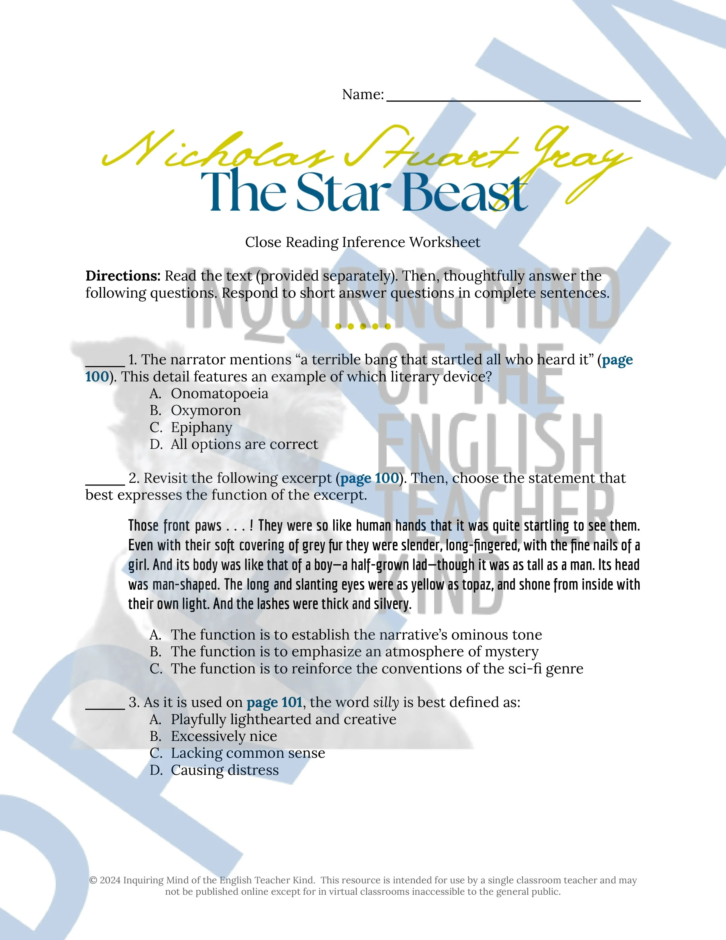 "The Star Beast" by Nicholas Stuart Gray Quiz, Close Reading Analysis Worksheet, Vocabulary Games, and Answer Keys for High School from Inquiring Mind of the English Teacher Kind