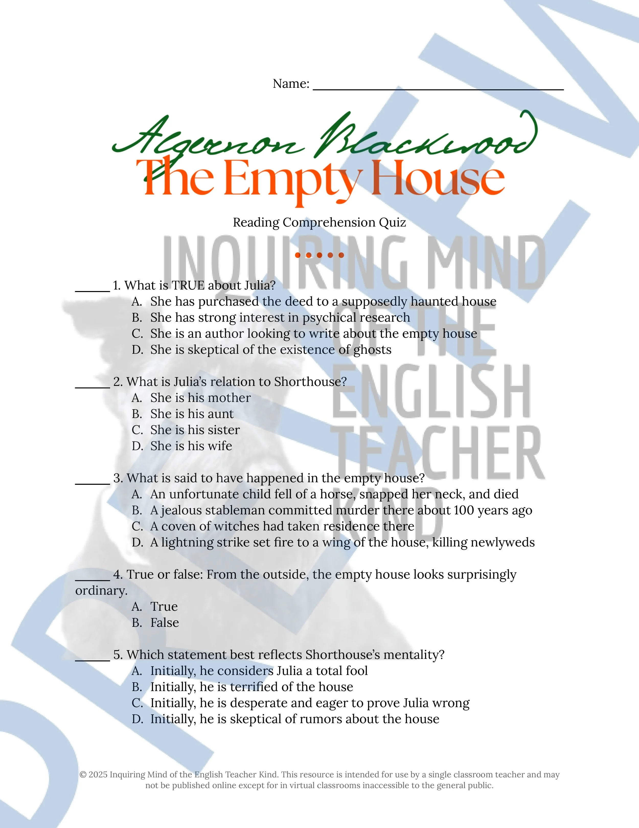 "The Empty House" by Algernon Blackwood Quiz, Analysis Worksheet, Vocabulary Games, and Halloween Ghost Story from Inquiring Mind of the English Teacher Kind