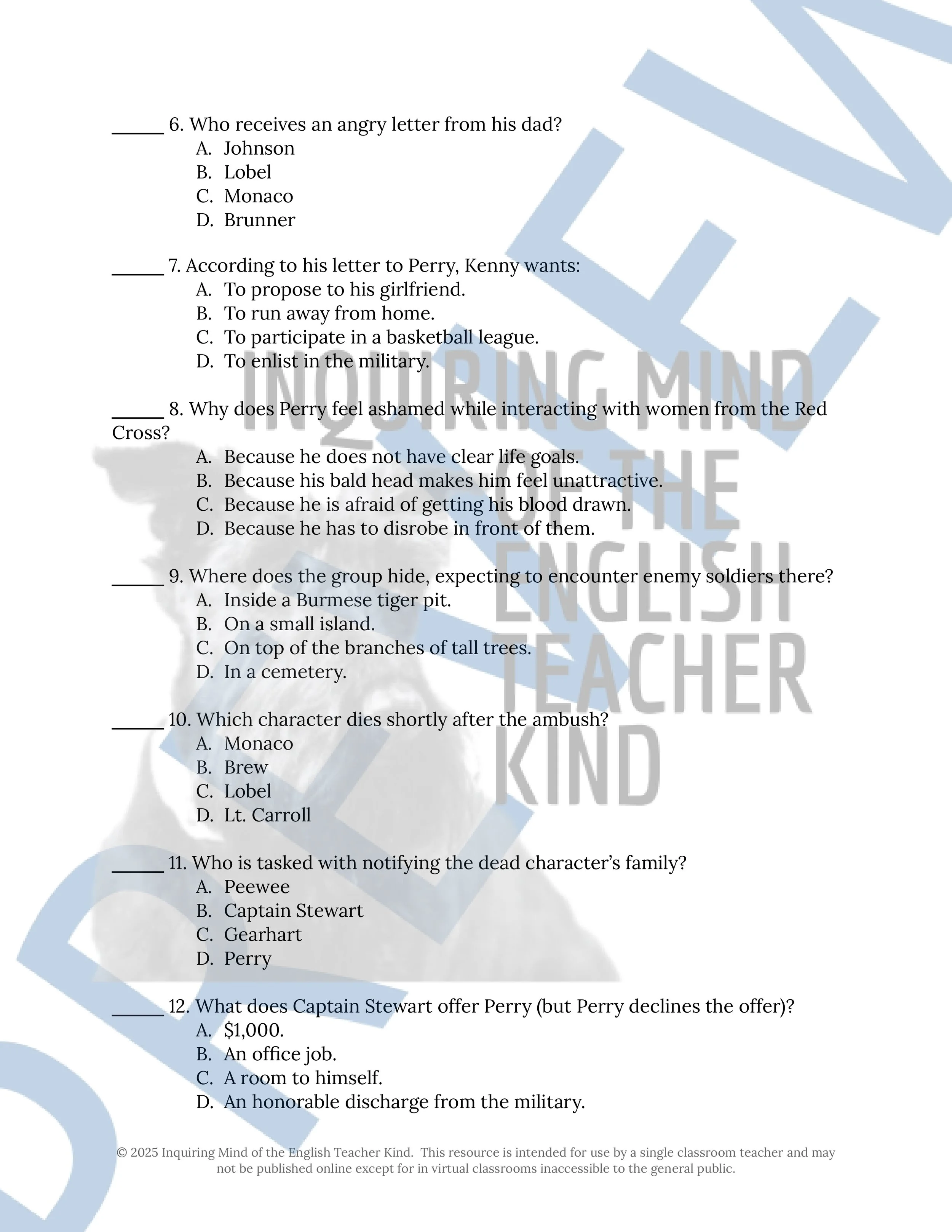Fallen Angels by Walter Dean Myers Quiz and Answer Key Bundle for High School English Language Arts from Inquiring Mind of the English Teacher Kind