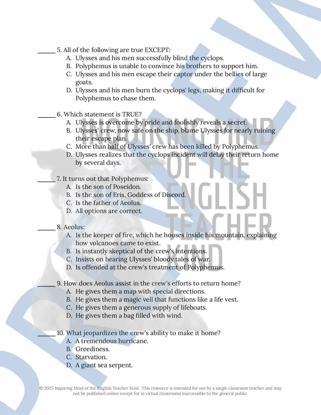 The Adventures of Ulysses by Bernard Evslin Quizzes, Inference Worksheets, Vocabulary Games, Test, and Keys for Middle and High School English Language Arts (Bundle)