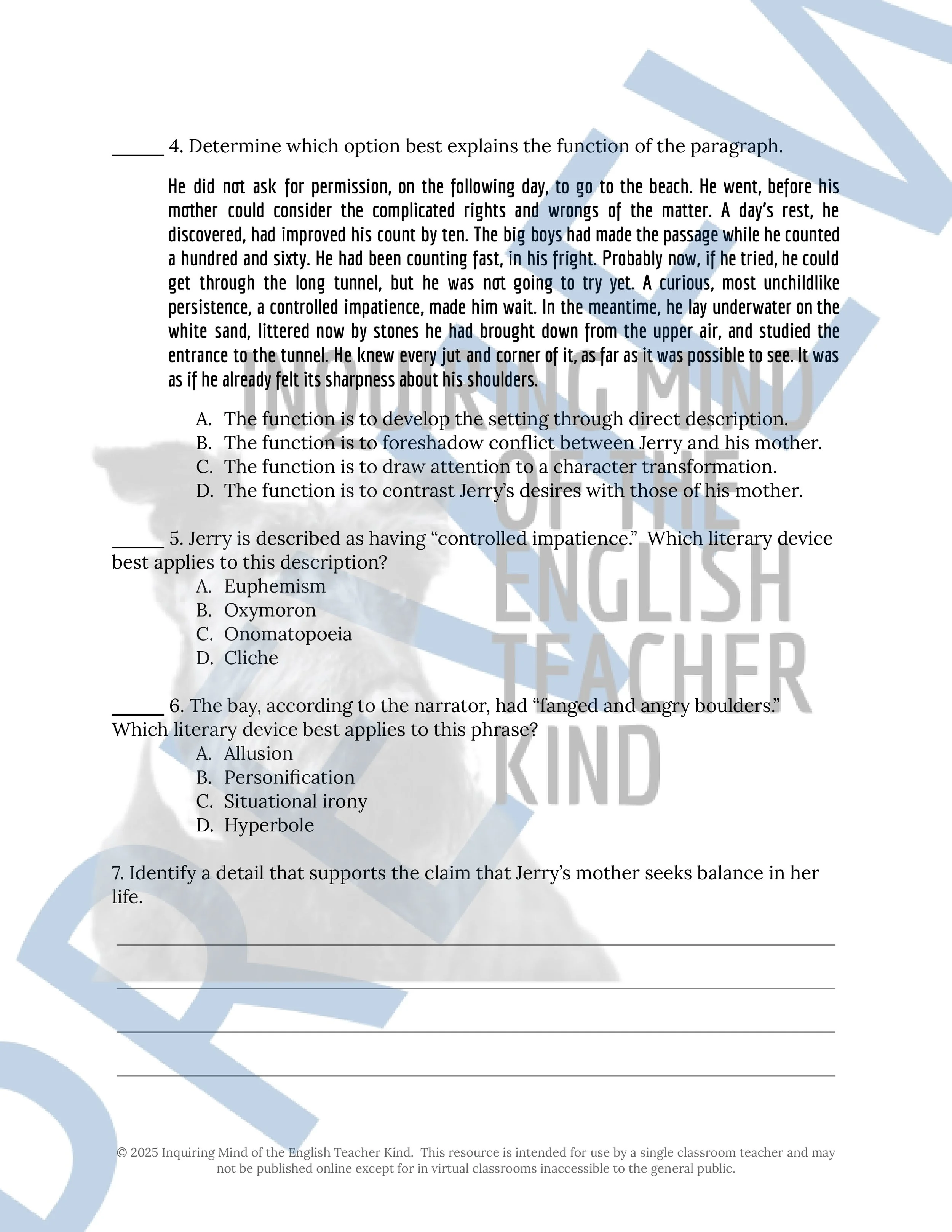"Through the Tunnel" by Doris Lessing Quiz, Analysis Activities, Vocabulary Games, and Answer Keys for High School from Inquiring Mind of the English Teacher Kind