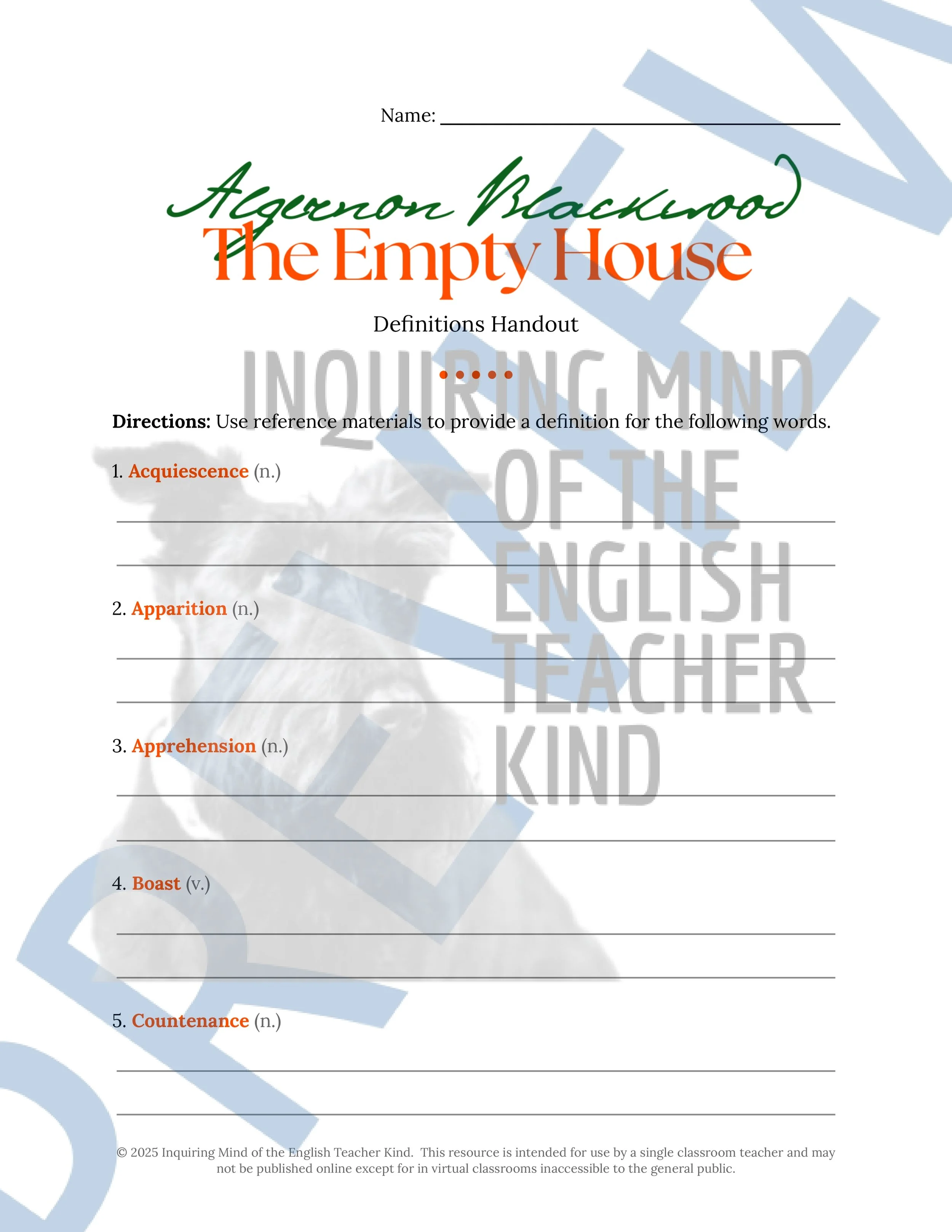 "The Empty House" by Algernon Blackwood Quiz, Analysis Worksheet, Vocabulary Games, and Halloween Ghost Story from Inquiring Mind of the English Teacher Kind