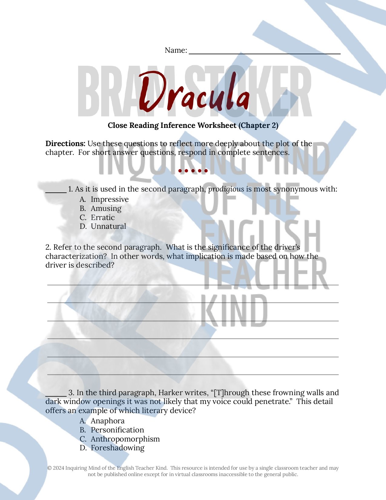 Dracula by Bram Stoker Close Reading Analysis Worksheets Bundle with Answer Keys for High School