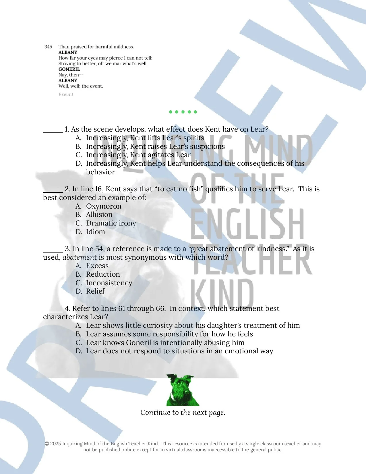 Shakespeare's King Lear Act 1 Quiz, Vocabulary Games, Close Reading Inference Worksheets, and Answer Keys for High School by Inquiring Mind of the English Teacher Kind