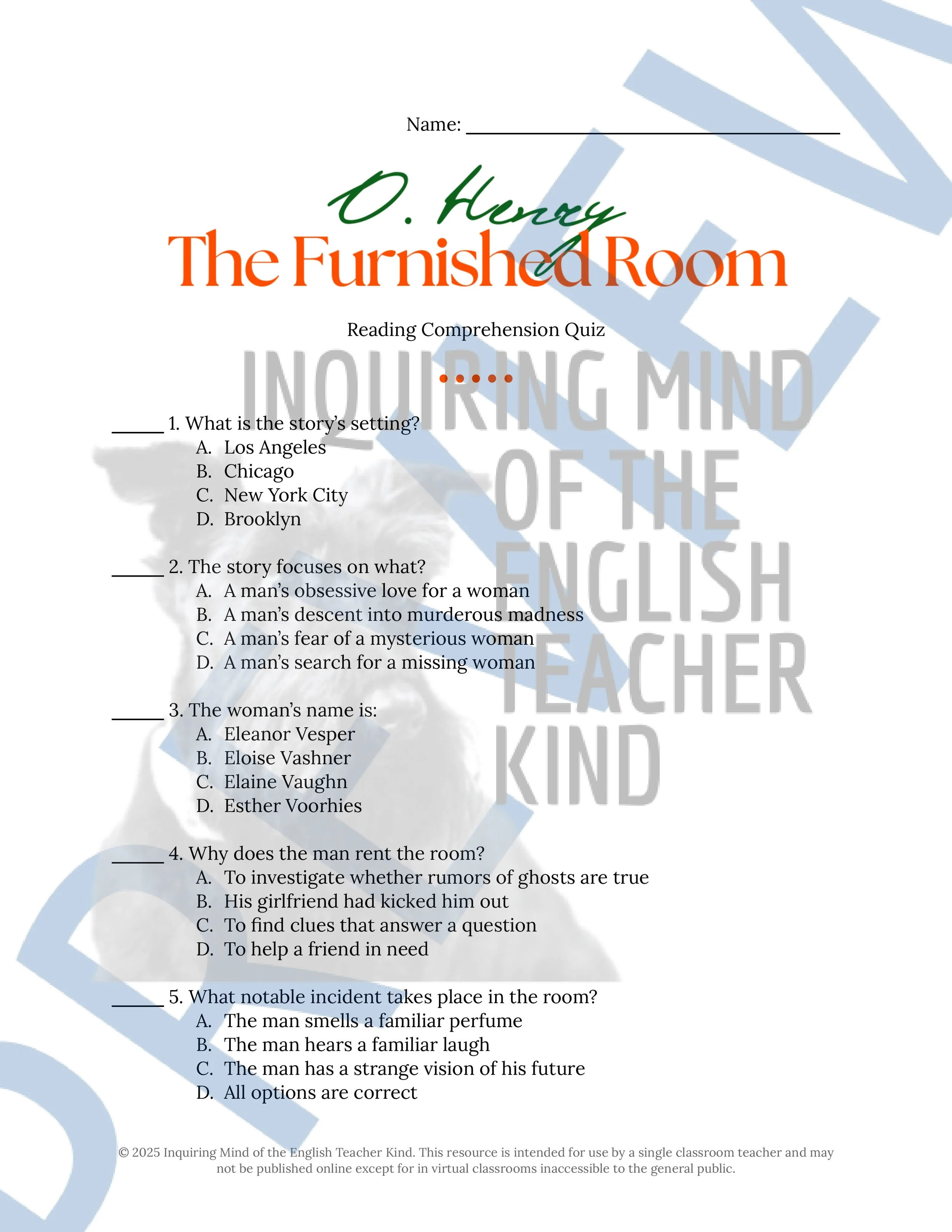 "The Furnished Room" by O. Henry Quiz, Literary Analysis Worksheet, and Vocabulary Activities for High School from Inquiring Mind of the English Teacher Kind