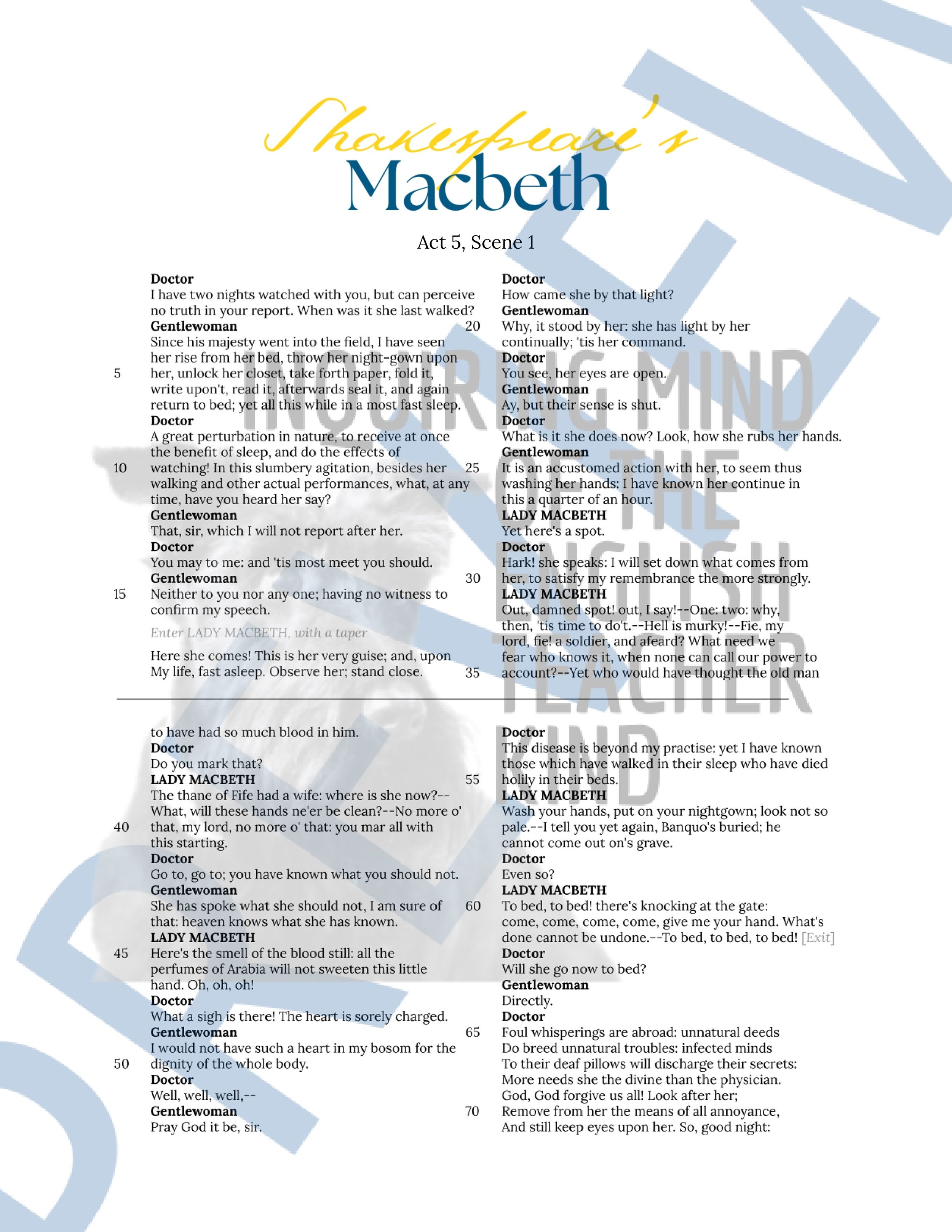 Macbeth Act 5 Quiz, Close Reading Analysis Worksheets, Vocabulary Activities, and Answer Keys for High School from Inquiring Mind of the English Teacher Kind