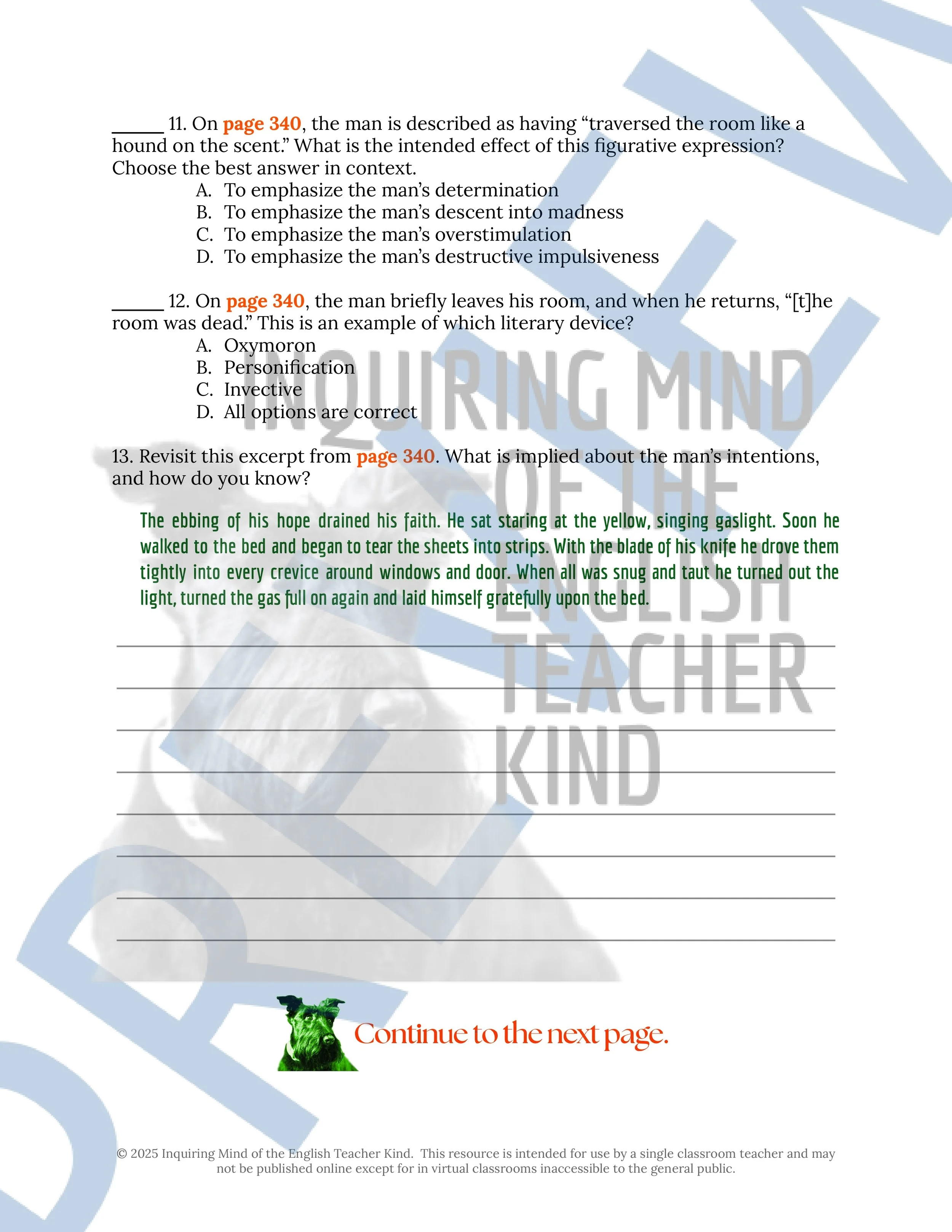 "The Furnished Room" by O. Henry Quiz, Literary Analysis Worksheet, and Vocabulary Activities for High School from Inquiring Mind of the English Teacher Kind