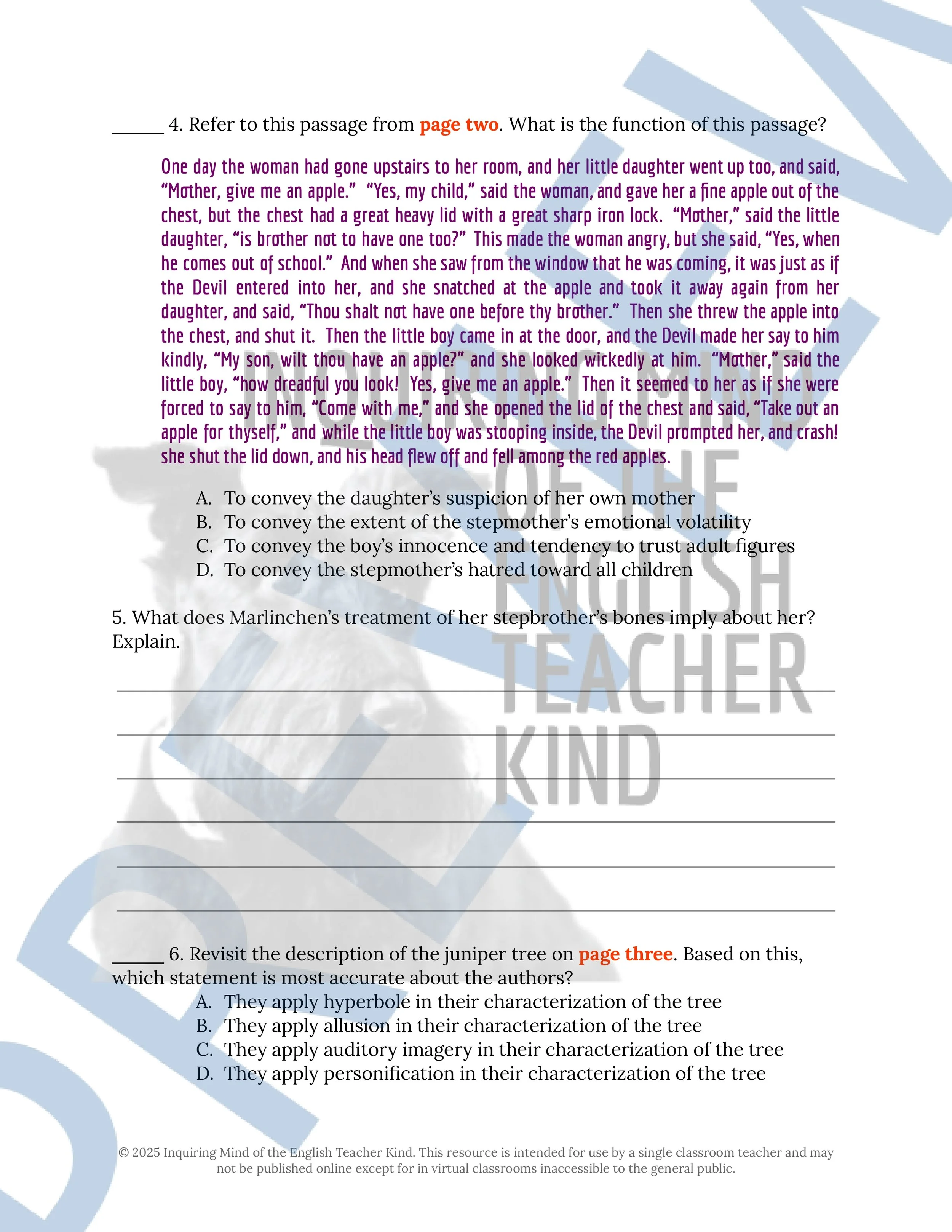 "The Juniper Tree" Quiz, Worksheets, and Vocabulary Games (Grimm's Fairy Tale) from Inquiring Mind of the English Teacher Kind
