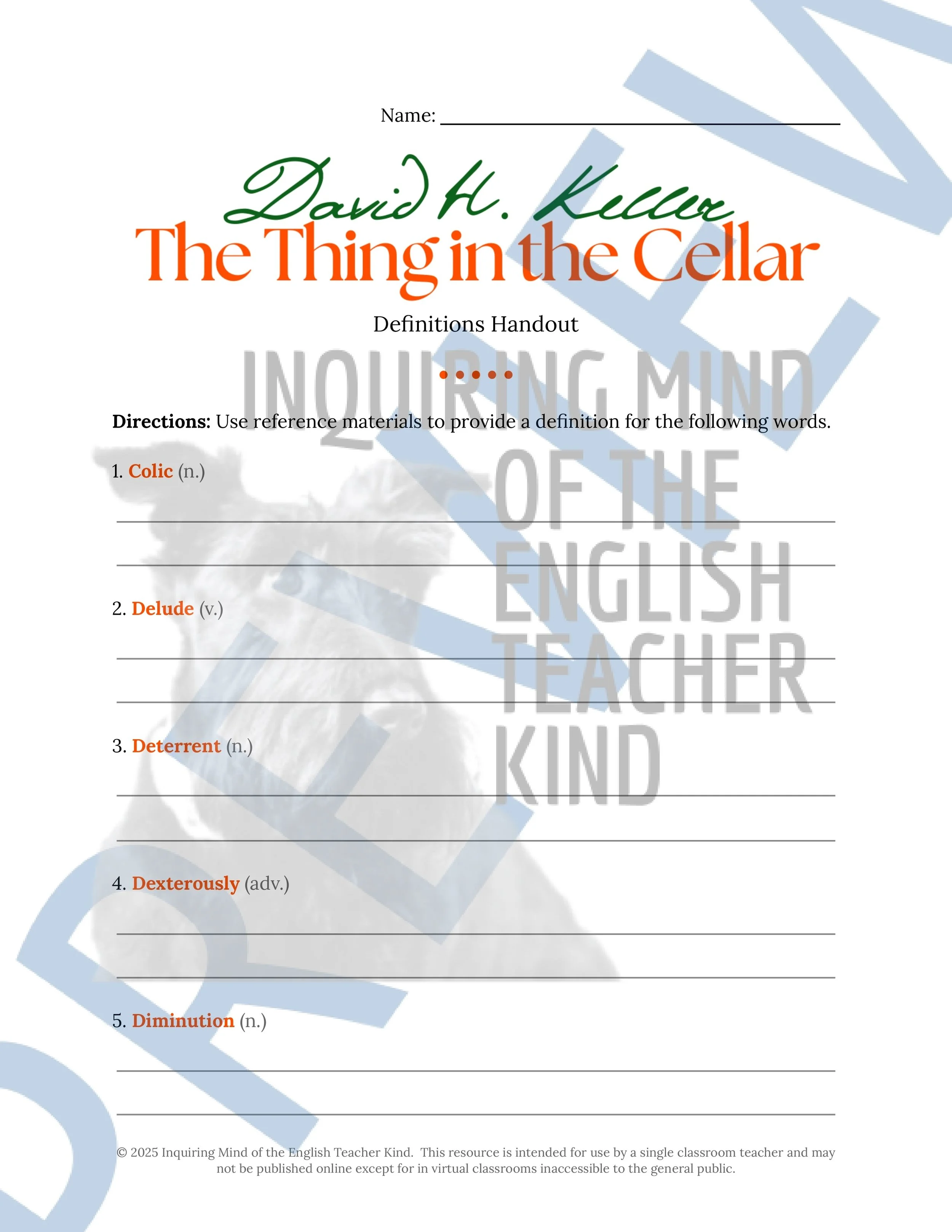 "Thing in the Cellar" by David H. Keller Quiz, Literary Analysis Worksheet, Vocabulary Games, and Horror Story for Halloween from Inquiring Mind of the English Teacher Kind