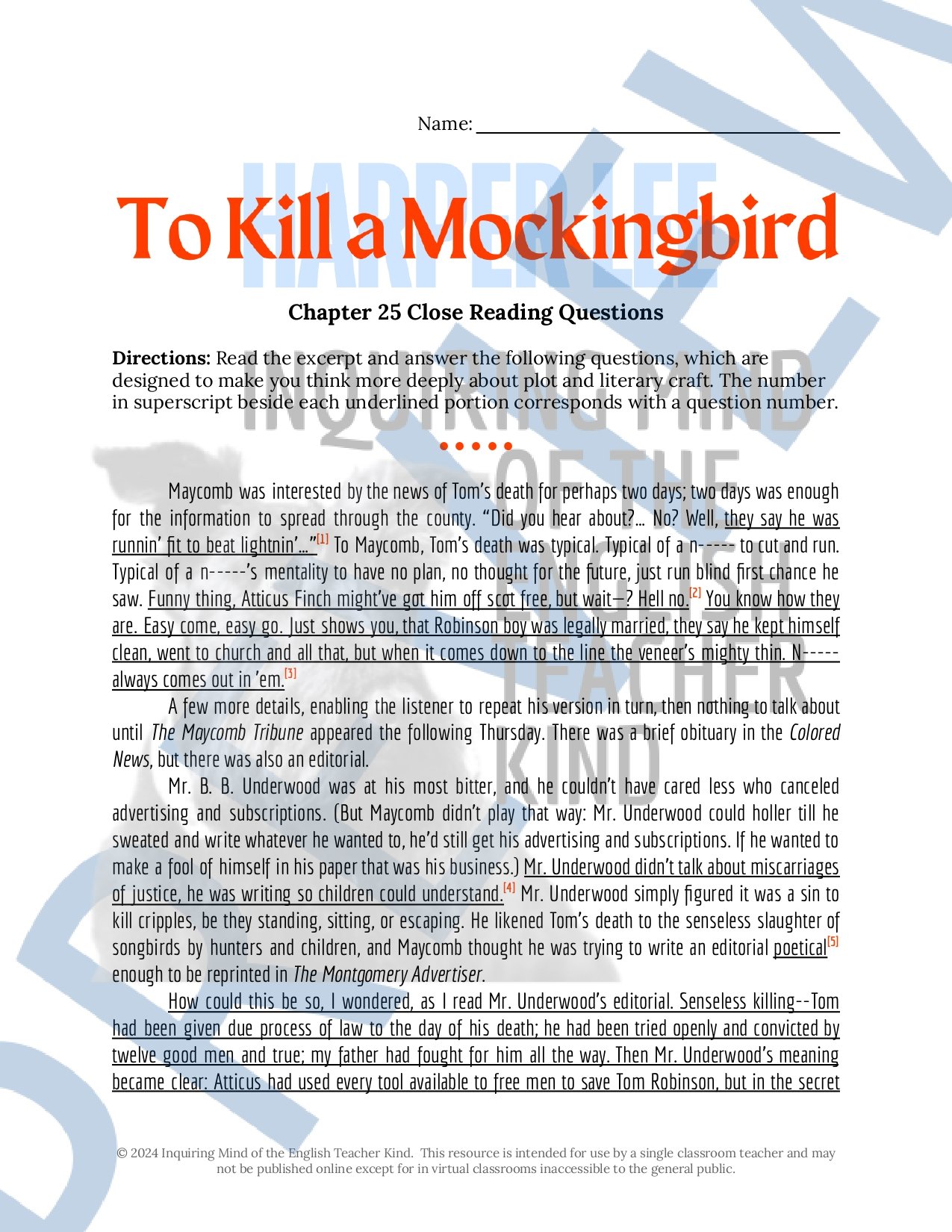 To Kill a Mockingbird Chapters 24, 25, and 26 Quizzes, Close Reading Inference Worksheets, and Vocabulary Games for High School English Language Arts