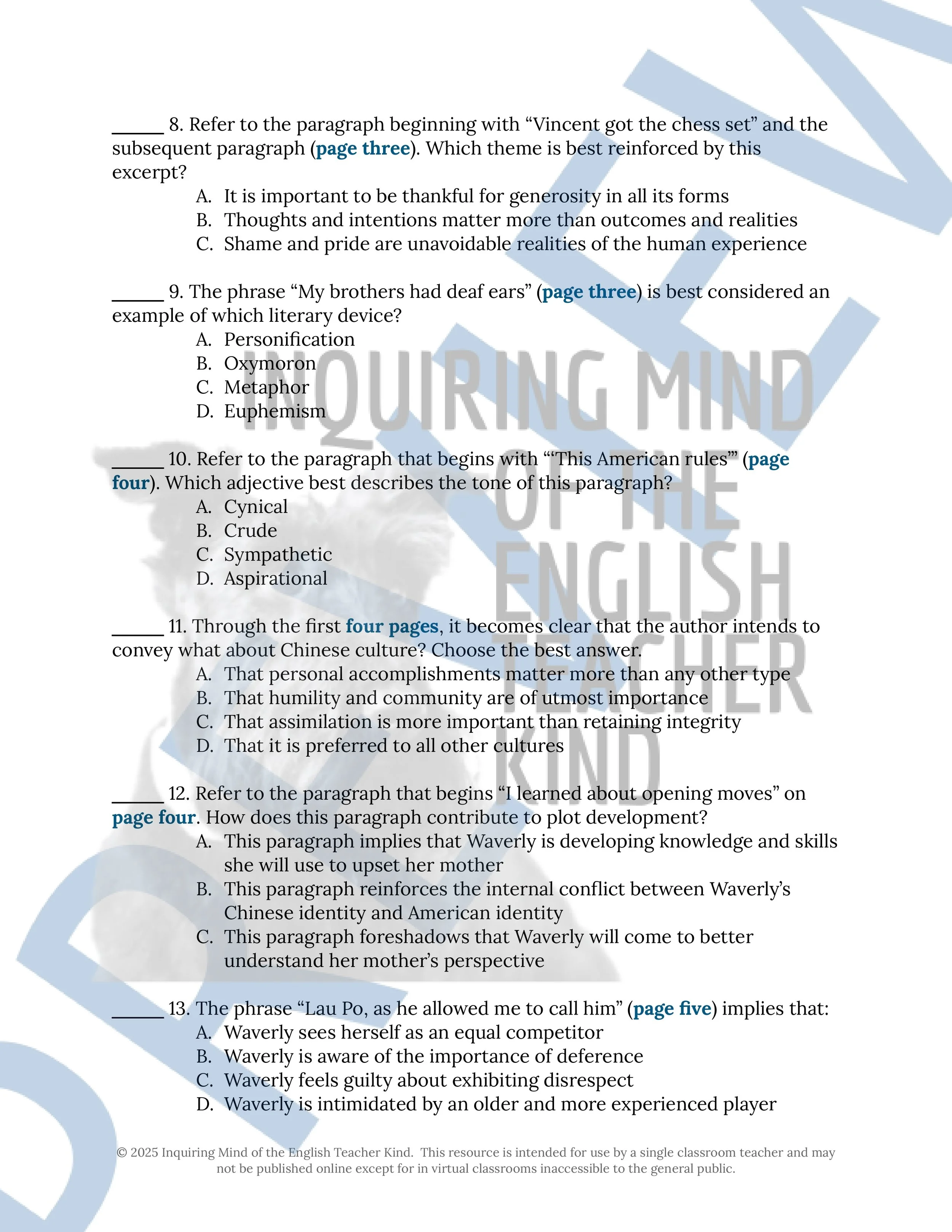 "Rules of the Game" by Amy Tan Quiz, Close Reading Worksheet, Vocabulary Activities, and Answer Keys for High School from Inquiring Mind of the English Teacher Kind