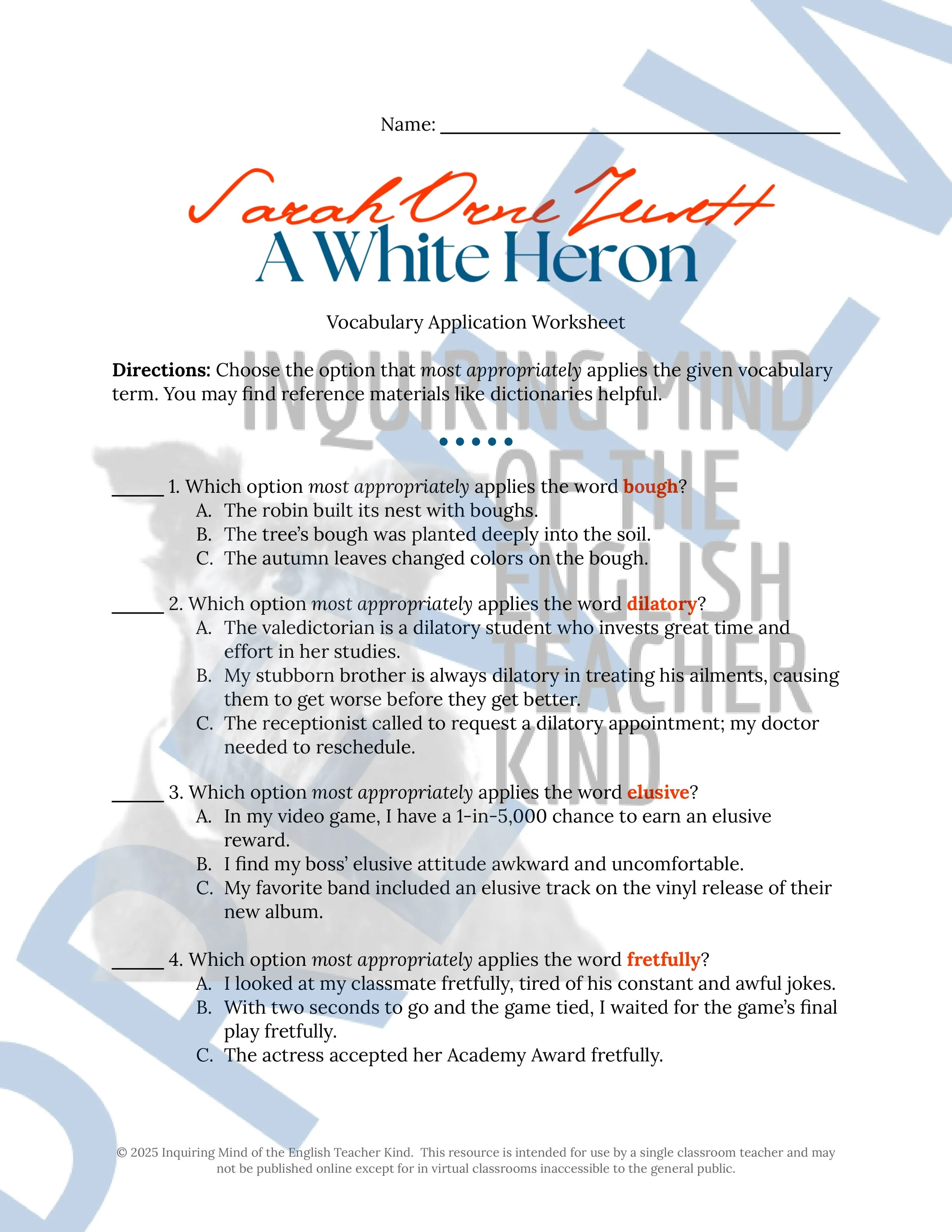 "A White Heron" by Sarah Orne Jewett Quiz, Analysis Worksheet, Vocabulary Activities, and Sub Plans for High School from Inquiring Mind of the English Teacher Kind