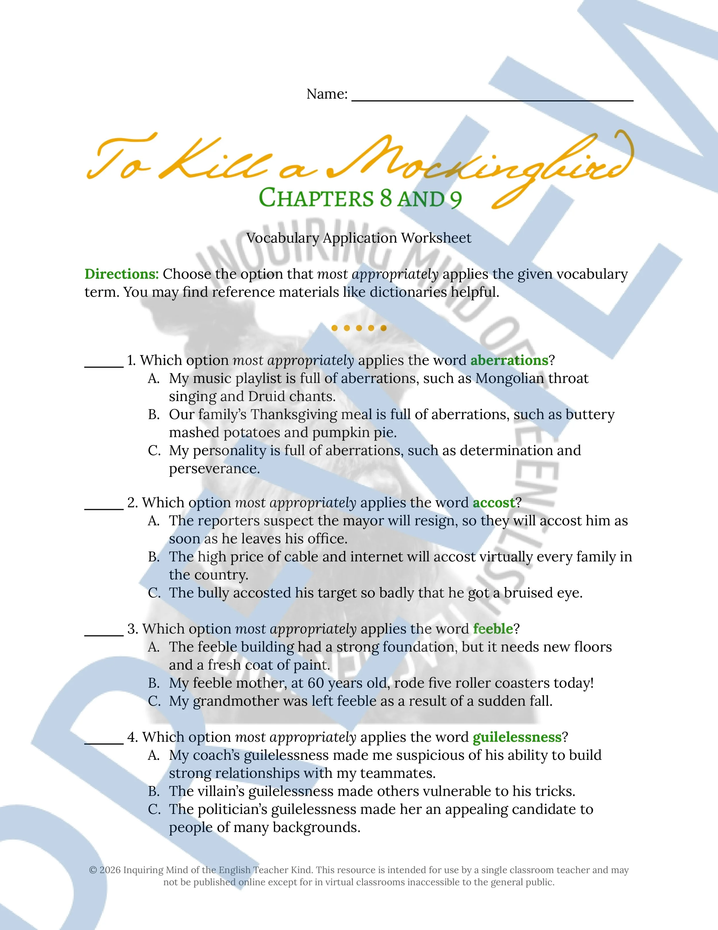 To Kill a Mockingbird Chapters 8 and 9 Vocabulary Worksheet, Crossword Puzzle, and Word Search Game for High School ELA (1).jpg