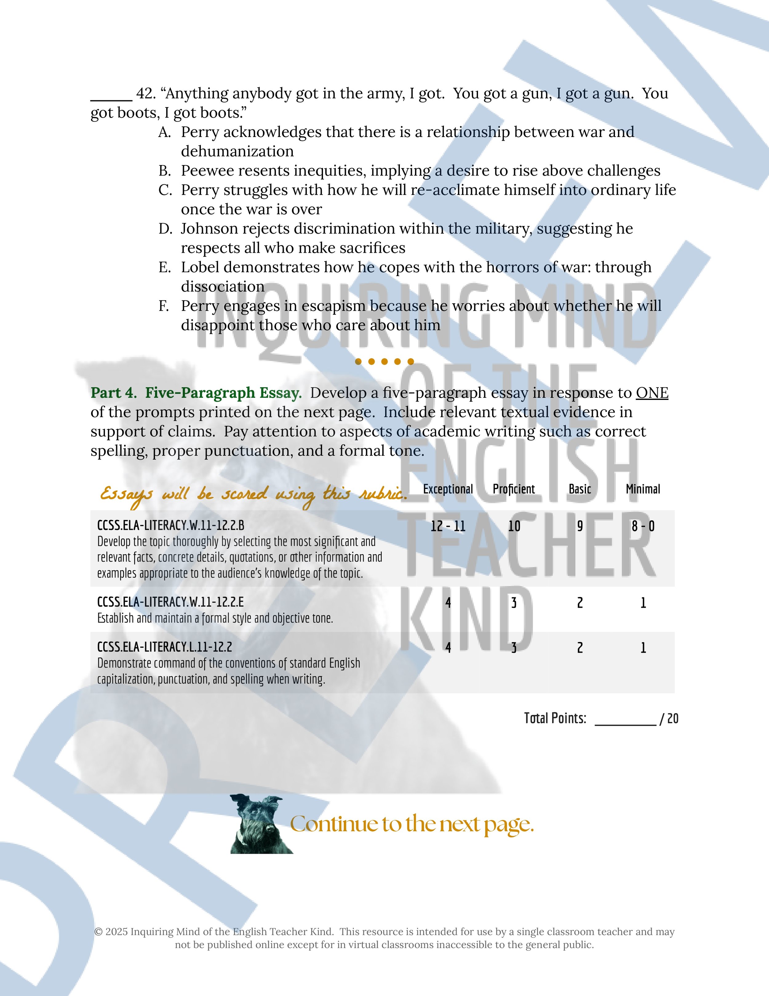 Fallen Angels by Walter Dean Myers Test and Answer Key with a Study Guide for High School English Language Arts from Inquiring Mind of the English Teacher Kind