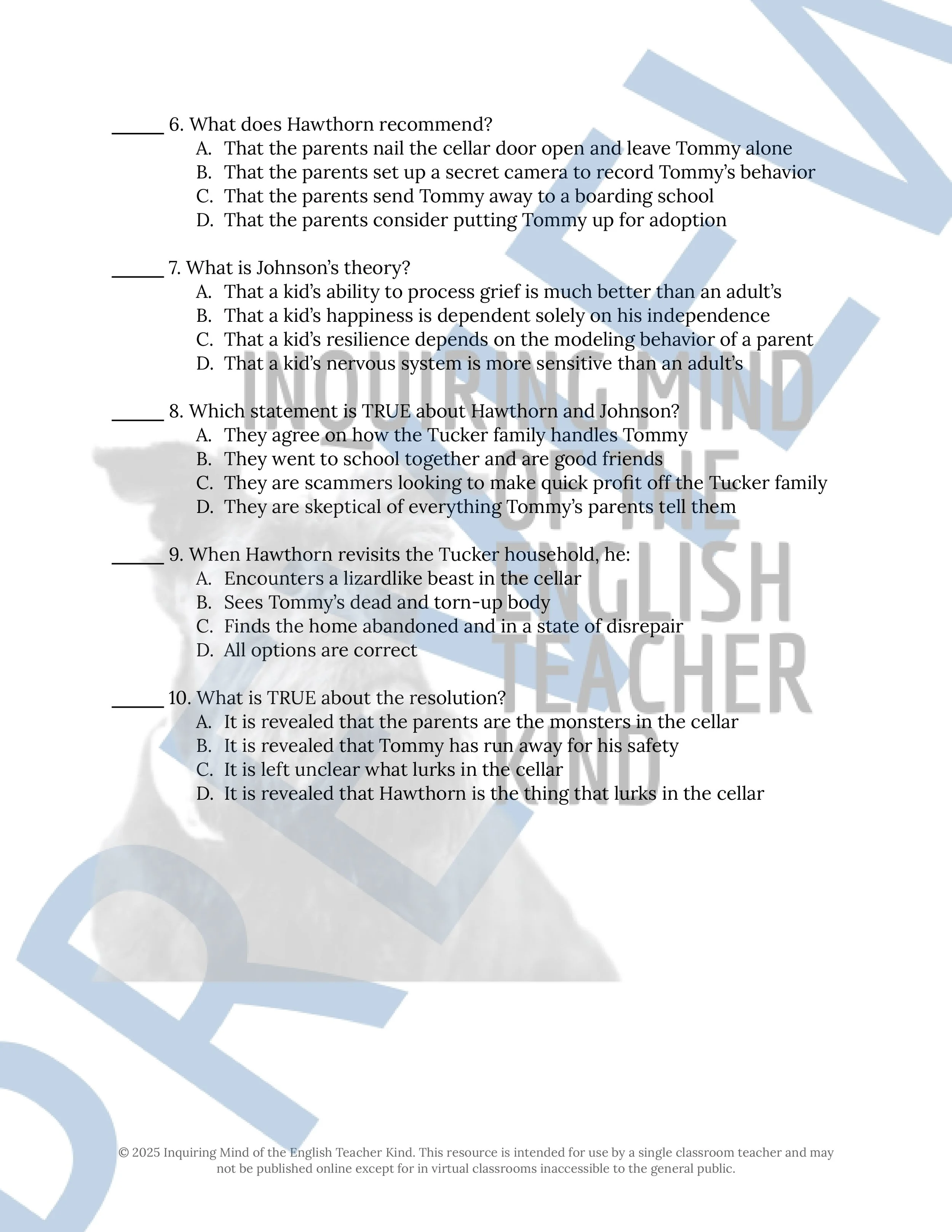 "Thing in the Cellar" by David H. Keller Quiz, Literary Analysis Worksheet, Vocabulary Games, and Horror Story for Halloween from Inquiring Mind of the English Teacher Kind