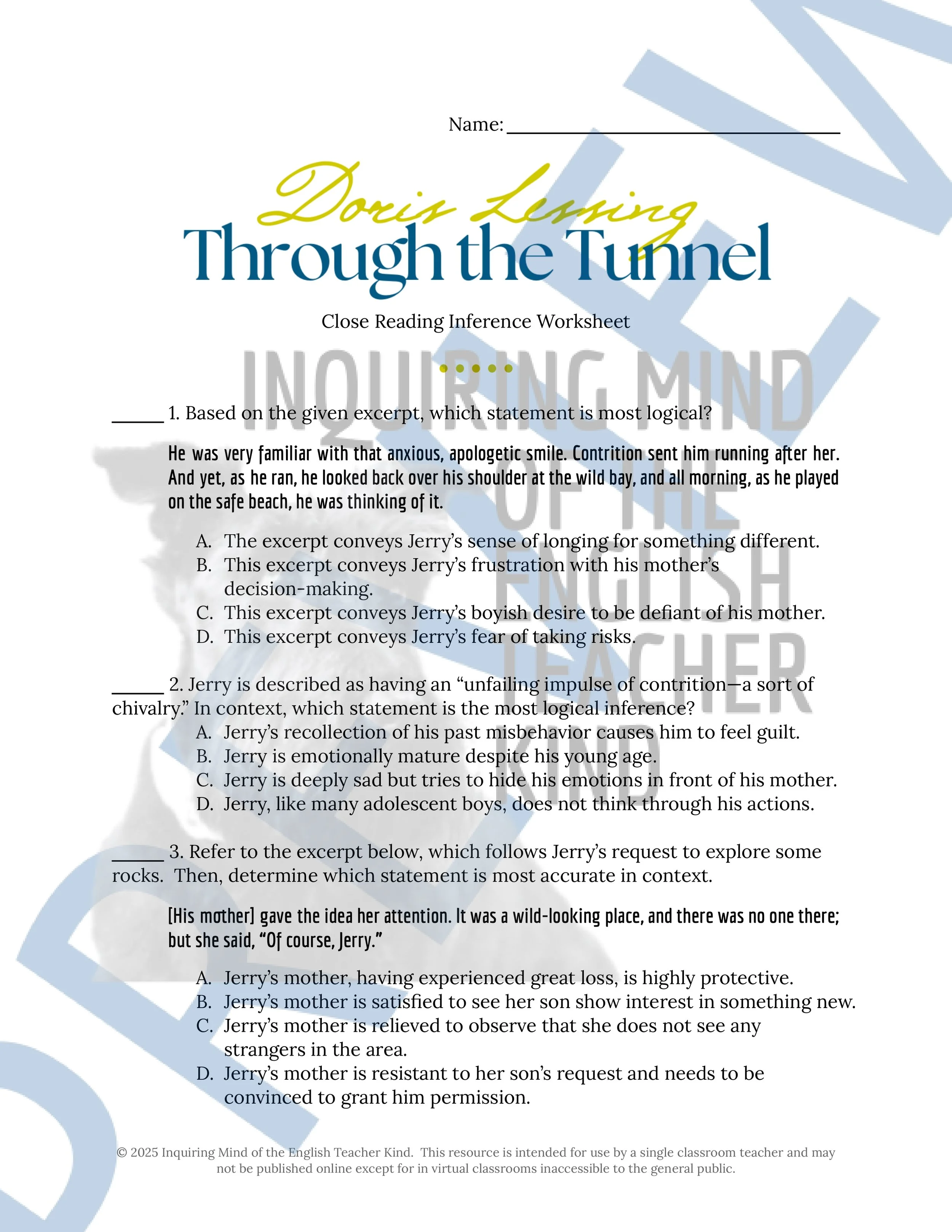 "Through the Tunnel" by Doris Lessing Quiz, Analysis Activities, Vocabulary Games, and Answer Keys for High School from Inquiring Mind of the English Teacher Kind