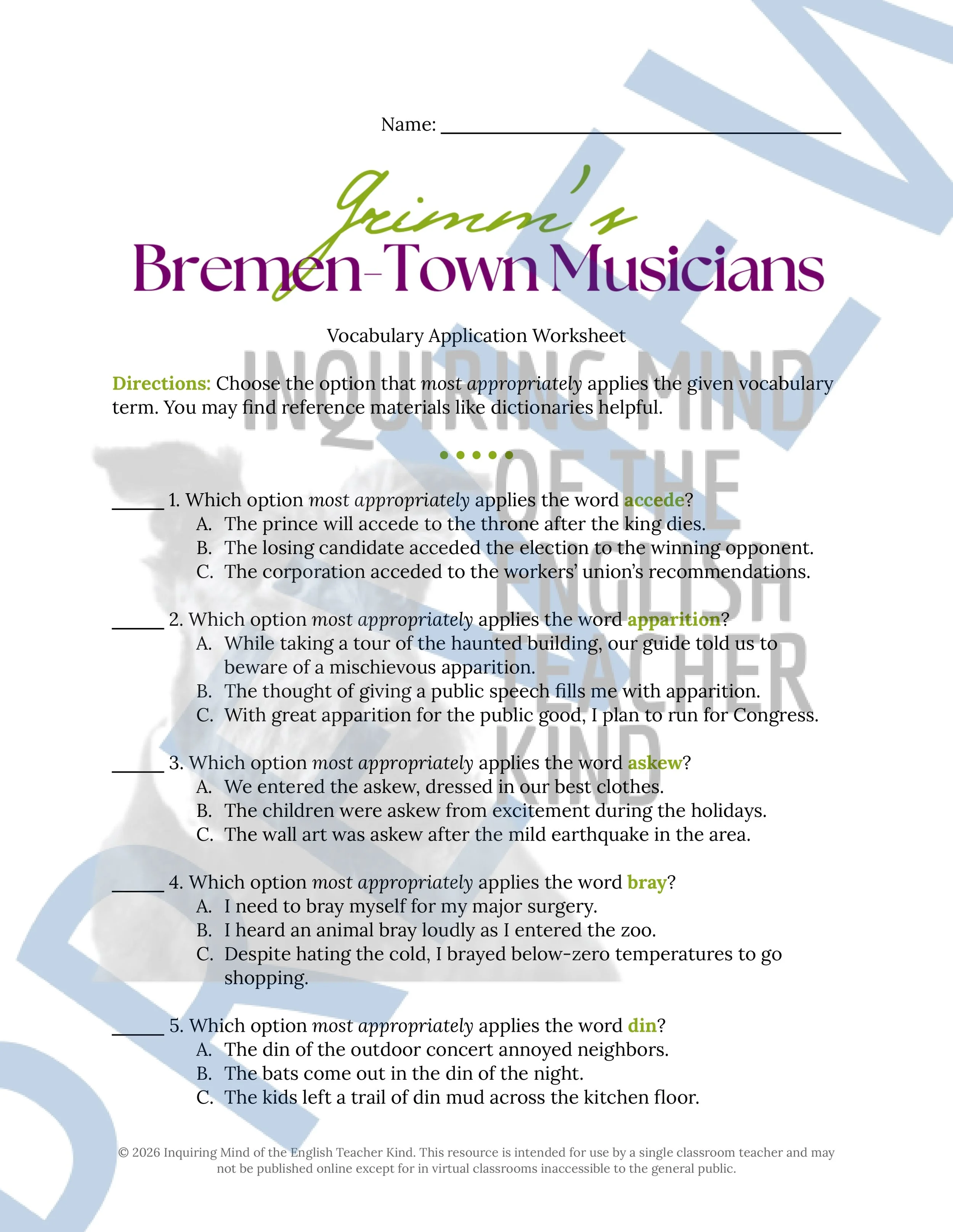 The Bremen Town Musicians Grimm's Fairy Tale Vocabulary Activities (1).jpg