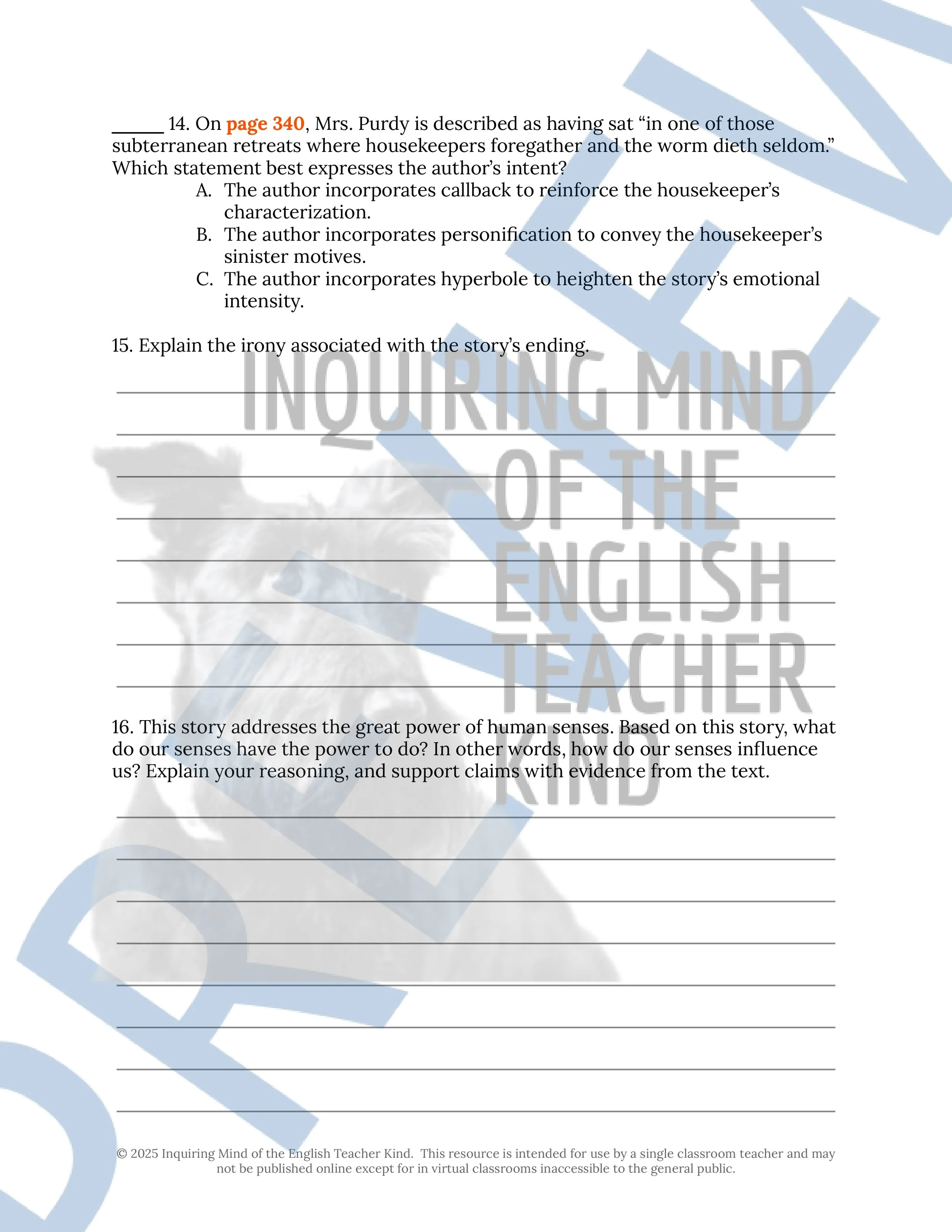 "The Furnished Room" by O. Henry Quiz, Literary Analysis Worksheet, and Vocabulary Activities for High School from Inquiring Mind of the English Teacher Kind
