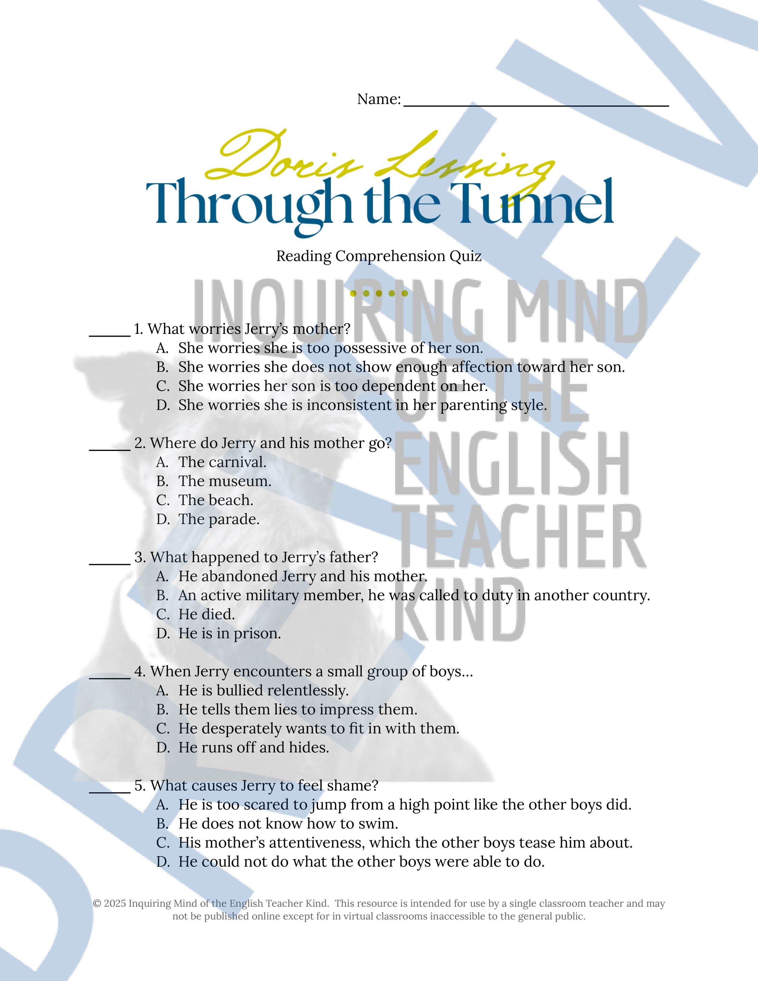 "Through the Tunnel" by Doris Lessing Quiz, Analysis Activities, Vocabulary Games, and Answer Keys for High School from Inquiring Mind of the English Teacher Kind