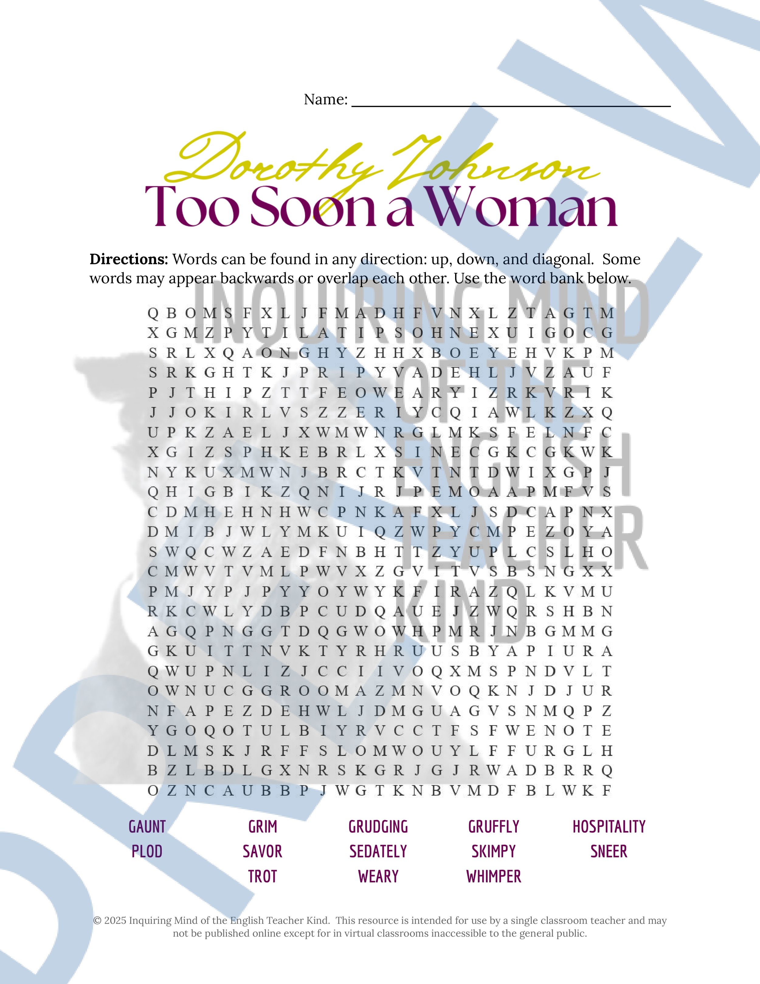 "Too Soon a Woman" by Dorothy Johnson Quiz, Close Reading Analysis Worksheet, Vocabulary Activities, and Answer Keys for High School from Inquiring Mind of the English Teacher Kind