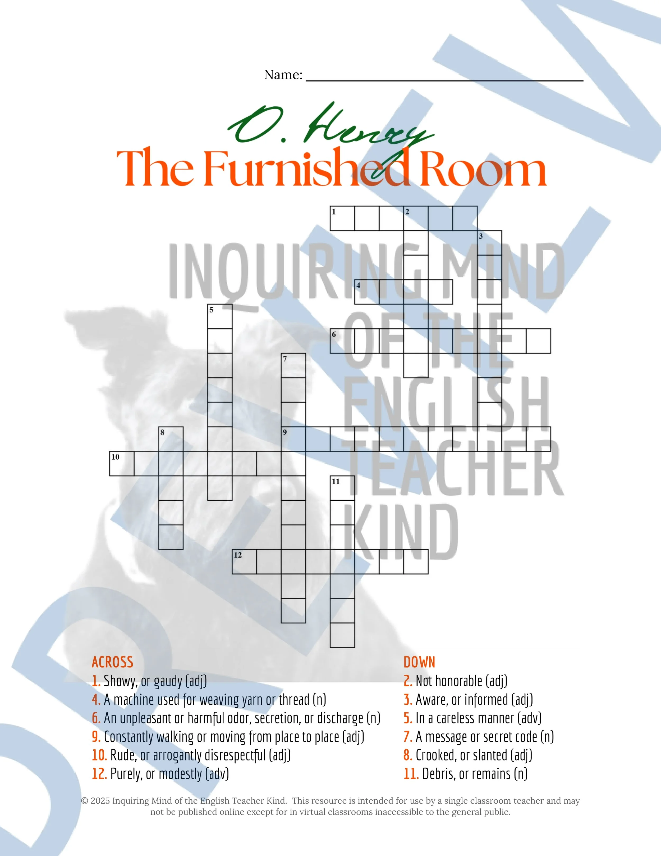 "The Furnished Room" by O. Henry Quiz, Literary Analysis Worksheet, and Vocabulary Activities for High School from Inquiring Mind of the English Teacher Kind