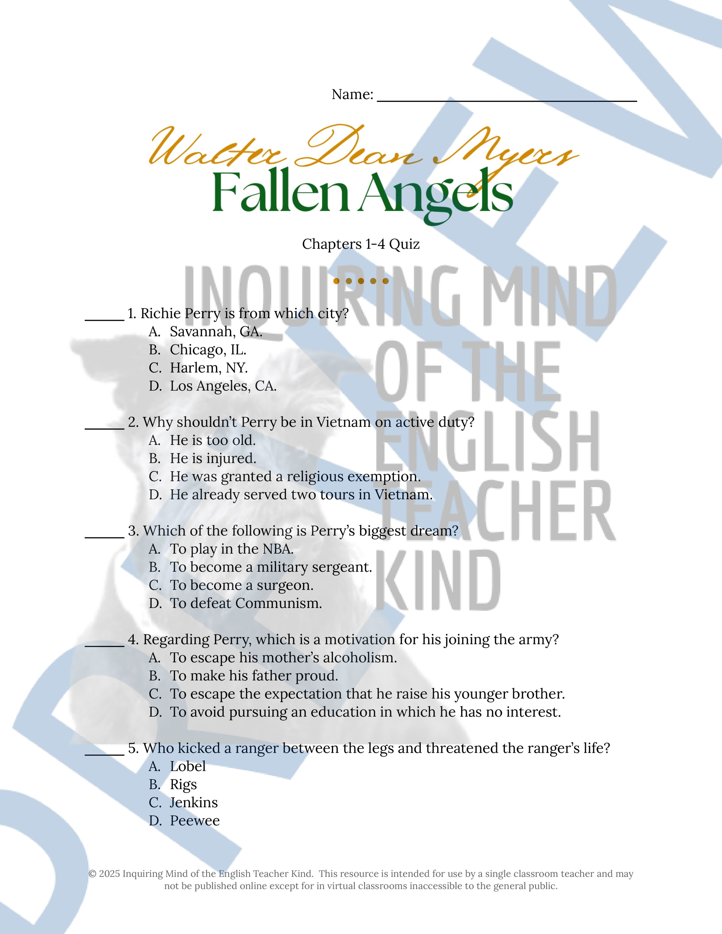 Fallen Angels Quizzes, Worksheets, Research Project, Test, and Answer Keys Mega Bundle from Inquiring Mind of the English Teacher Kind