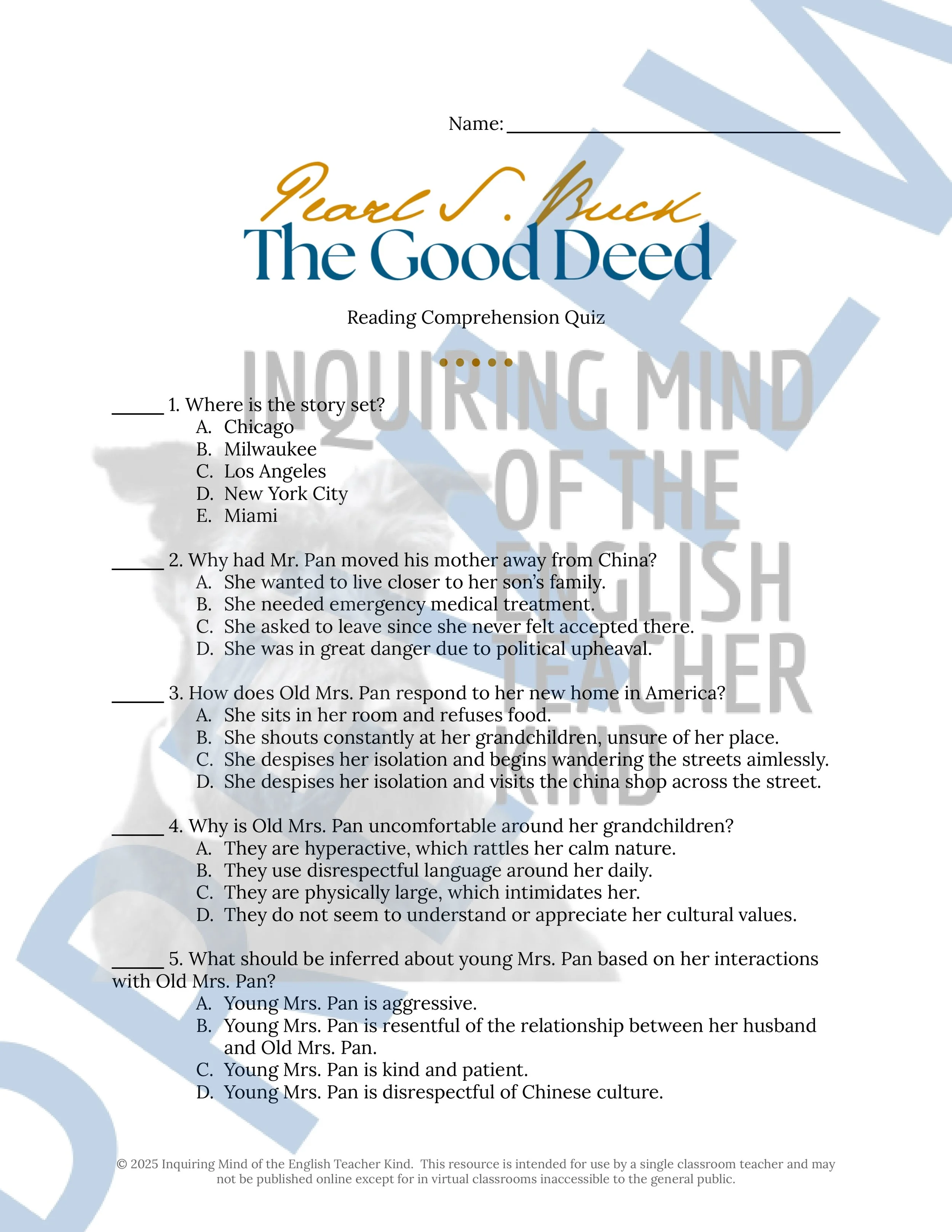 "The Good Deed" by Pearl S. Buck Quiz, Analysis Worksheet, Vocabulary Games, and Answer Keys for High School from Inquiring Mind of the English Teacher Kind