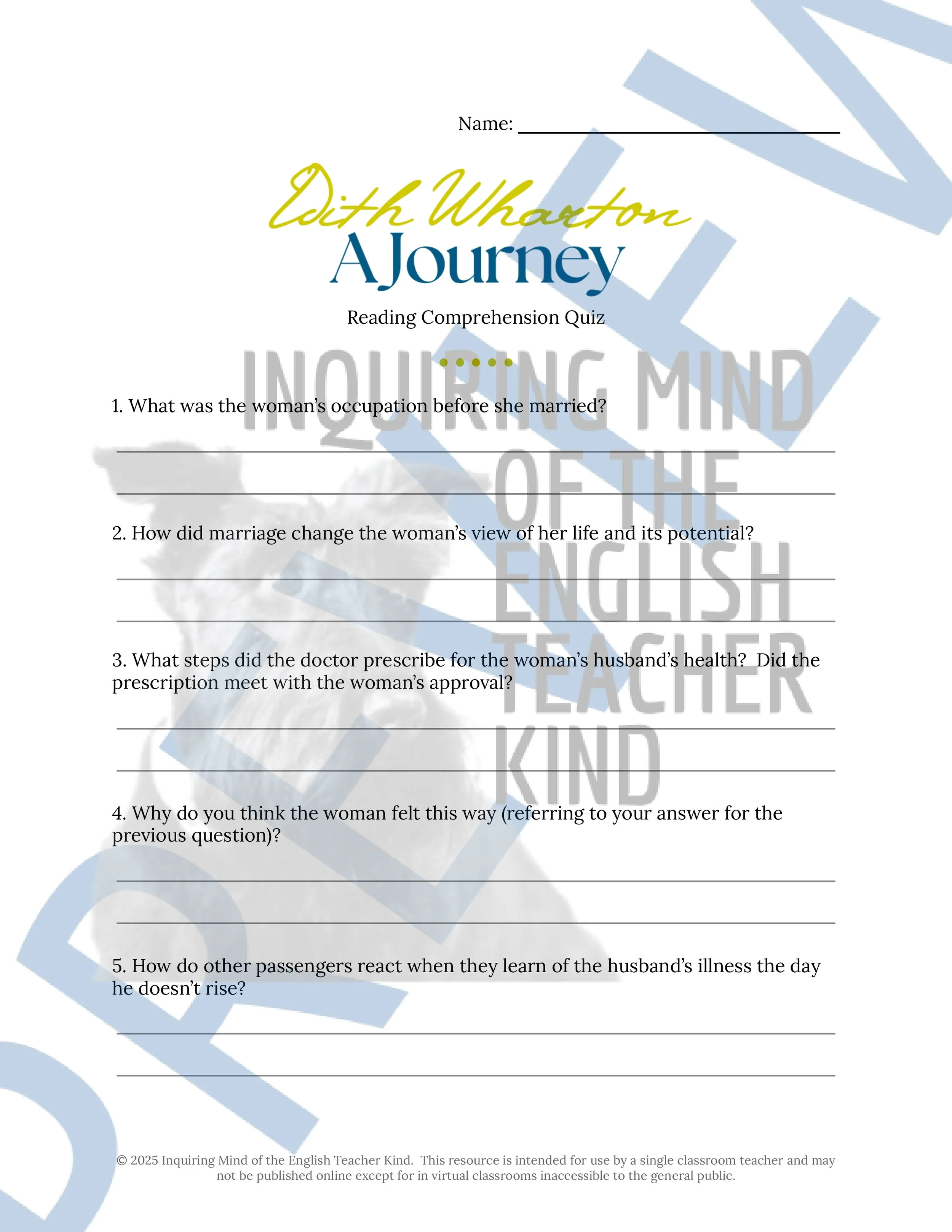"A Journey" by Edith Wharton Quiz, Analysis Worksheets, Vocabulary Games, and Answer Keys for High School from Inquiring Mind of the English Teacher Kind