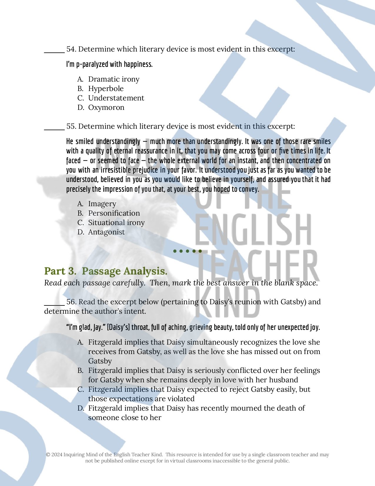 The Great Gatsby by F. Scott Fitzgerald Test, Answer Key, and Study Guide for High School