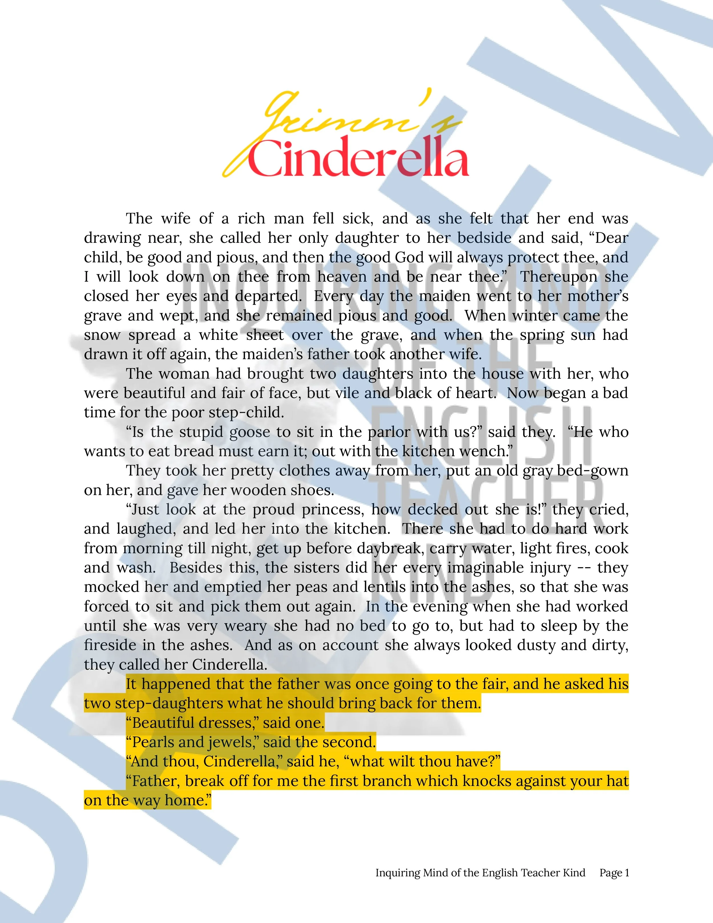 Cinderella Grimm's Fairy Tale Quiz and Answer Key from Inquiring Mind of the English Teacher Kind (3).jpg