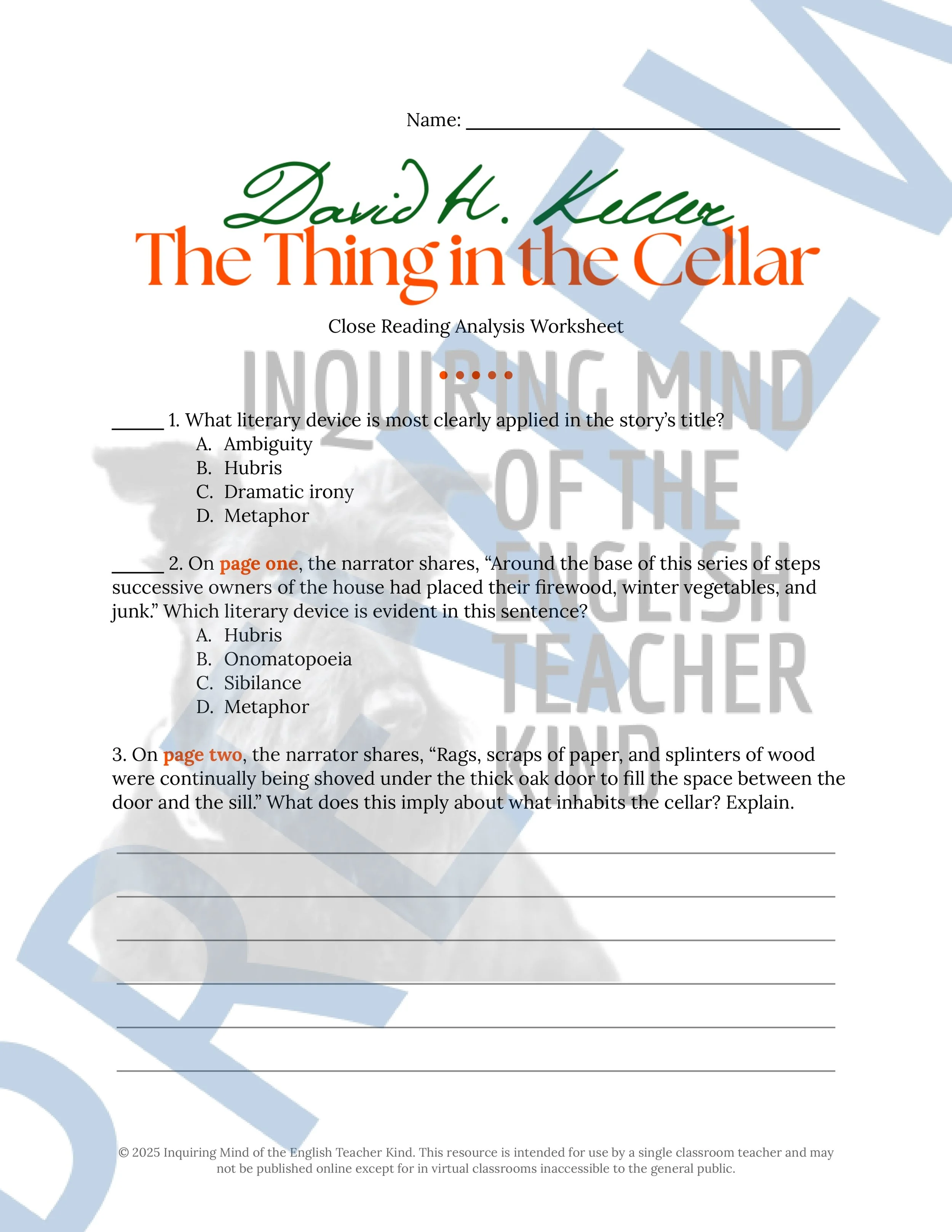 "Thing in the Cellar" by David H. Keller Quiz, Literary Analysis Worksheet, Vocabulary Games, and Horror Story for Halloween from Inquiring Mind of the English Teacher Kind