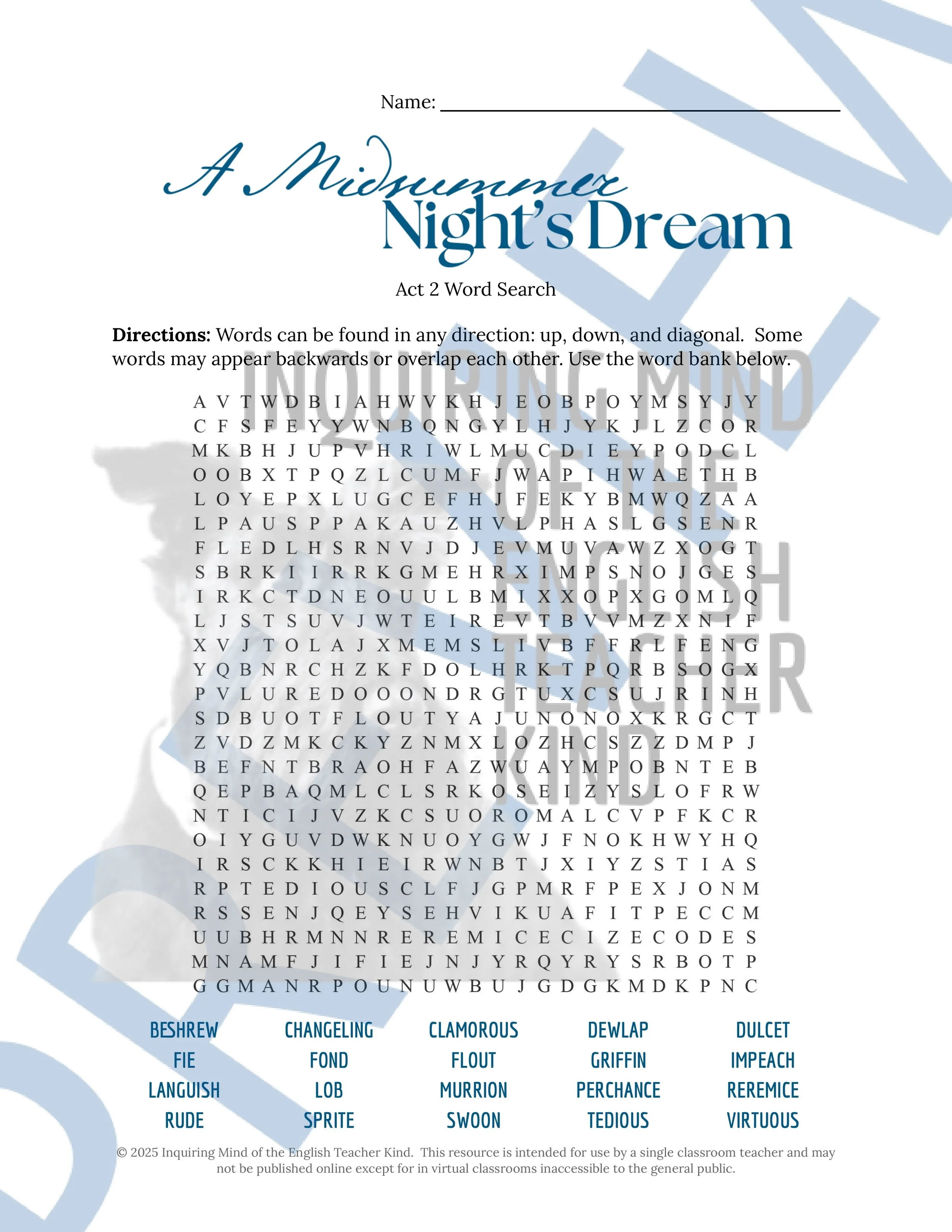 Shakespeare's A Midsummer Night's Dream Vocabulary Activities for High School from Inquiring Mind of the English Teacher Kind