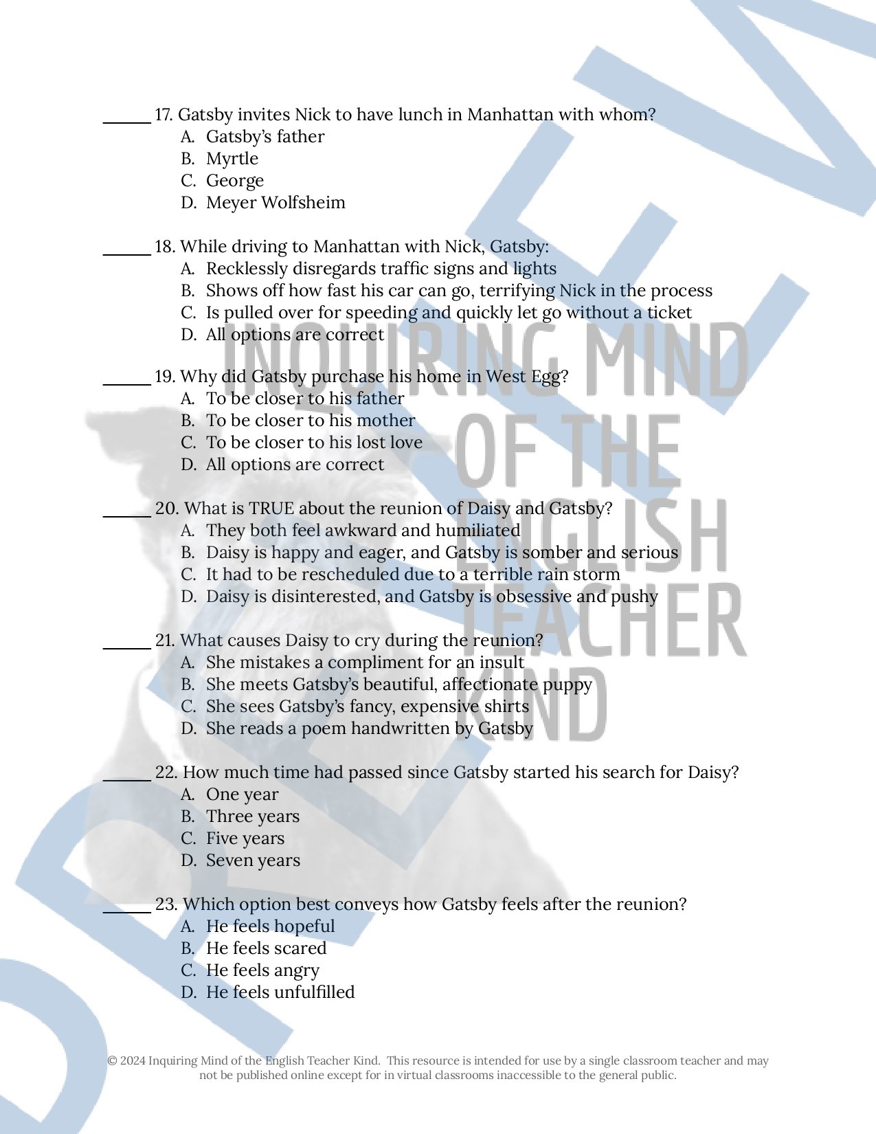 The Great Gatsby by F. Scott Fitzgerald Test, Answer Key, and Study Guide for High School