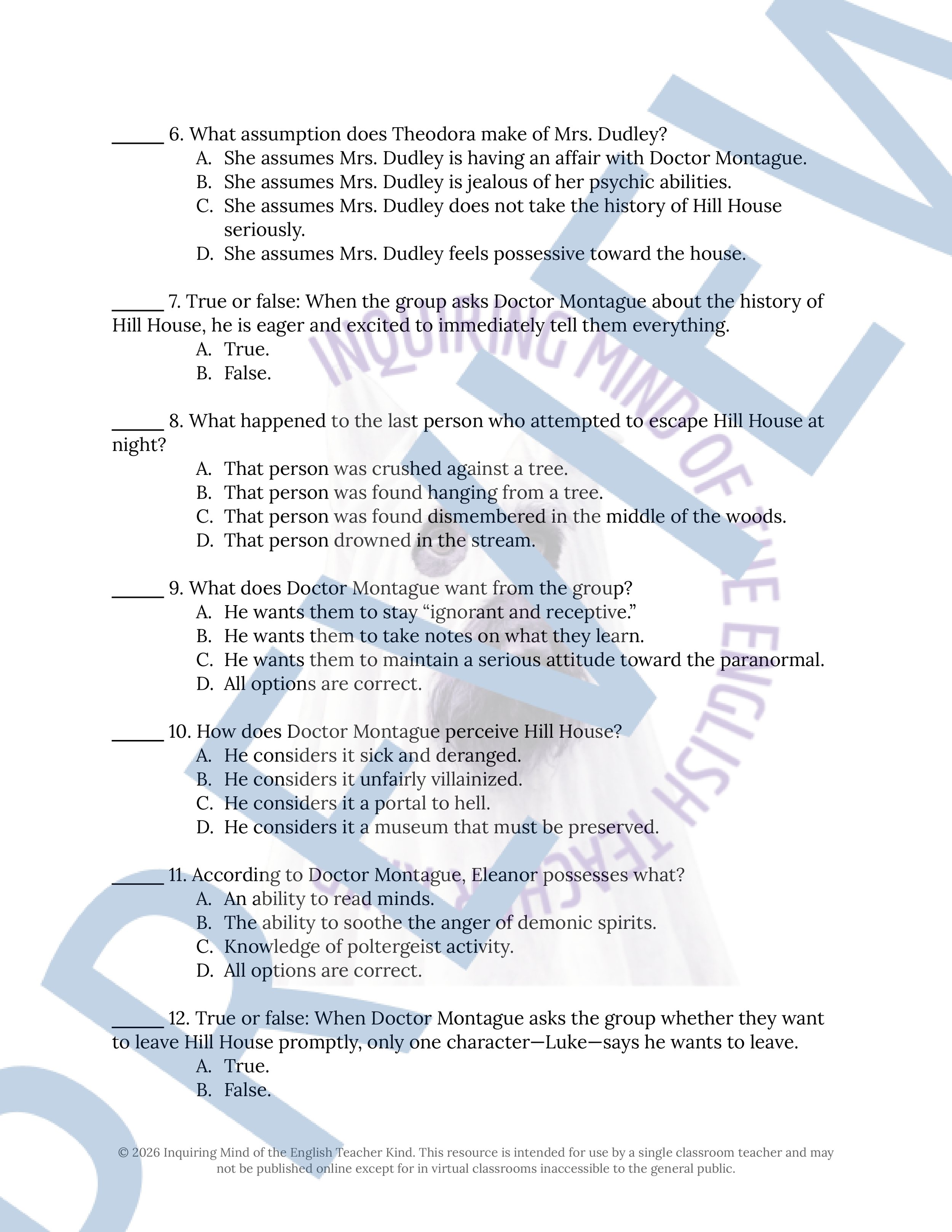 Haunting of Hill House by Shirley Jackson Chapter 3 Quiz and Answer Key (2).jpg