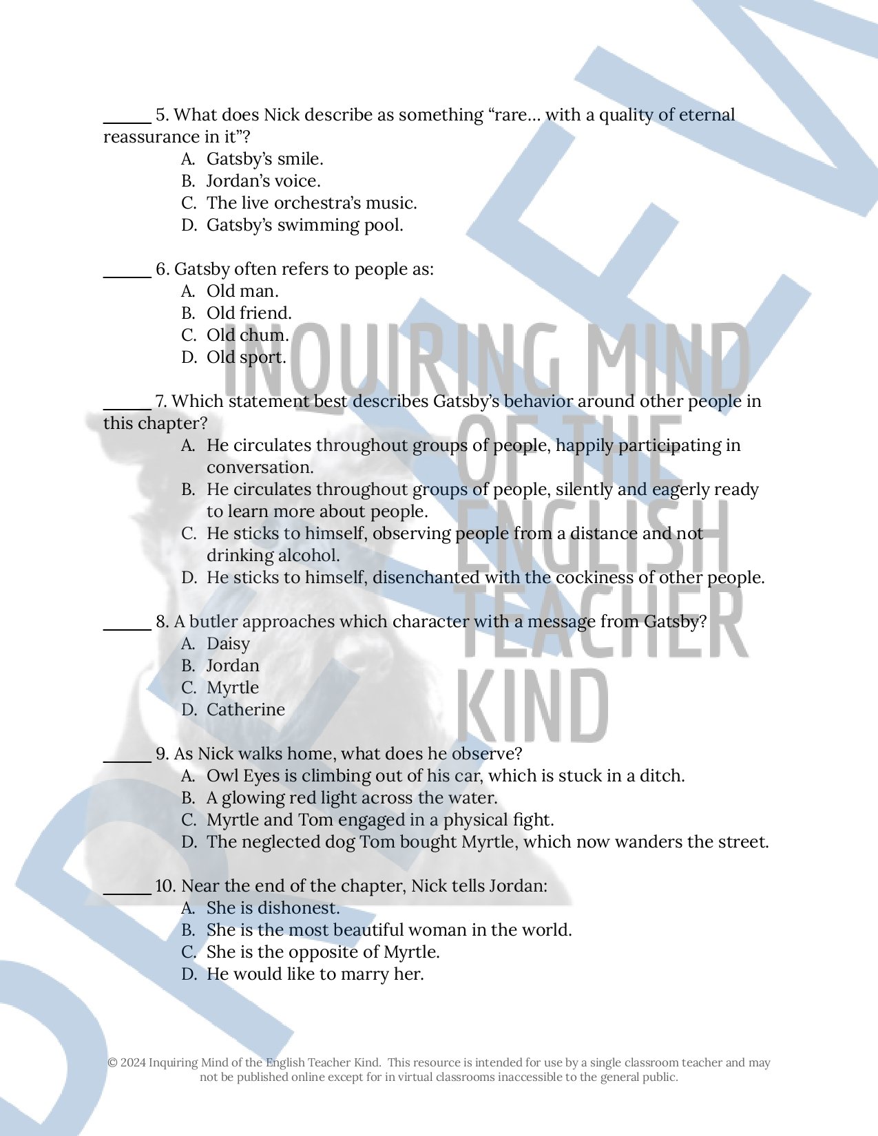 The Great Gatsby by F. Scott Fitzgerald Quiz and Answer Key Bundle for High School