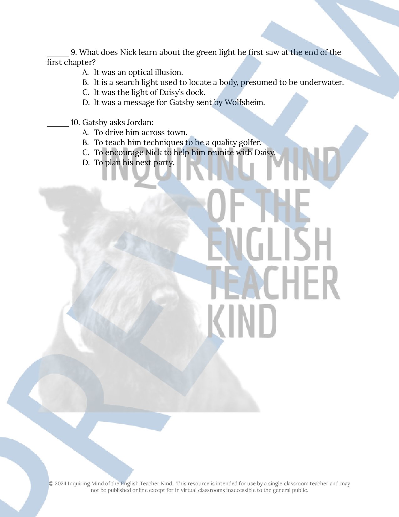 The Great Gatsby by F. Scott Fitzgerald Chapter 4 Quiz, Inference Worksheet, and Vocabulary Games for High School