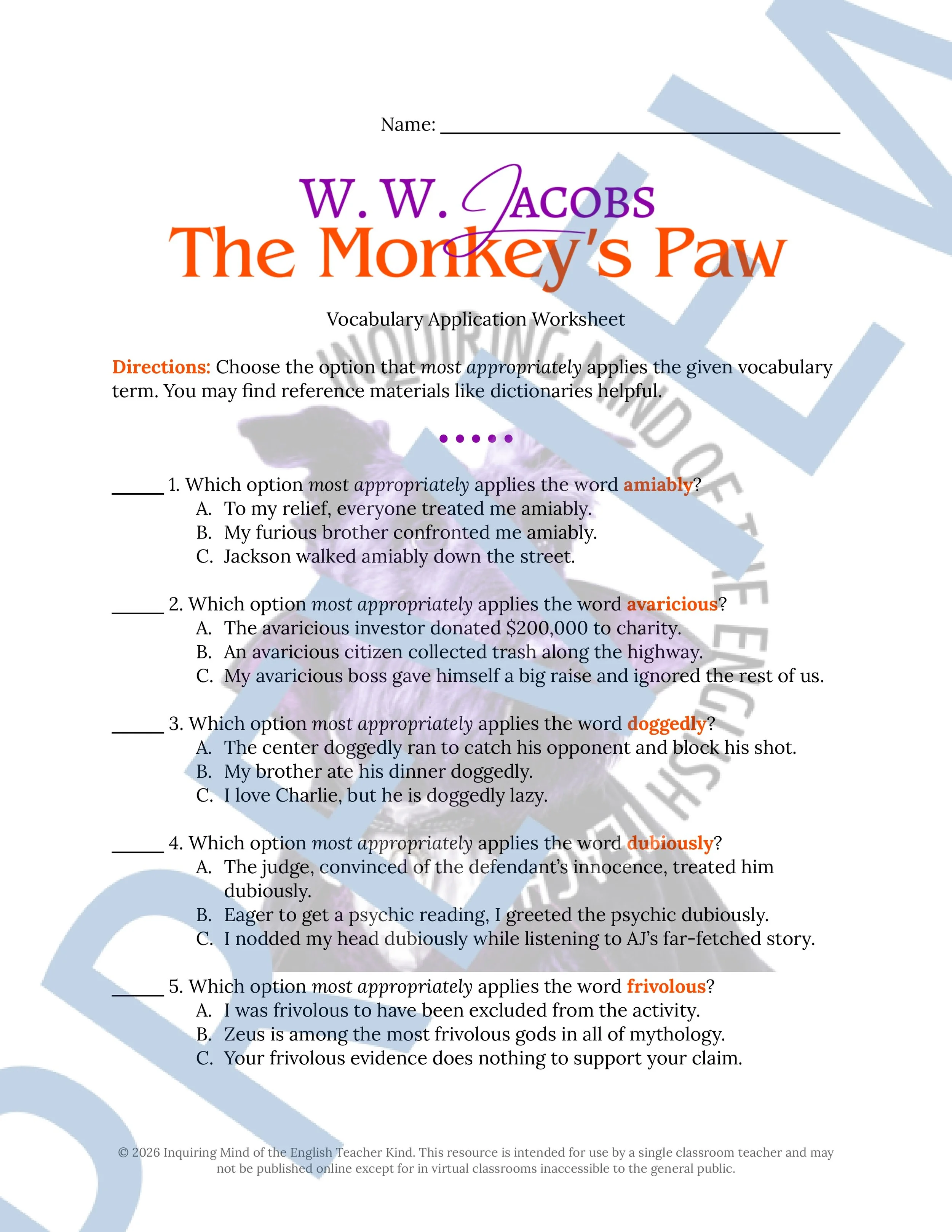 The Monkey's Paw by W. W. Jacobs Vocabulary Activities (1).jpg
