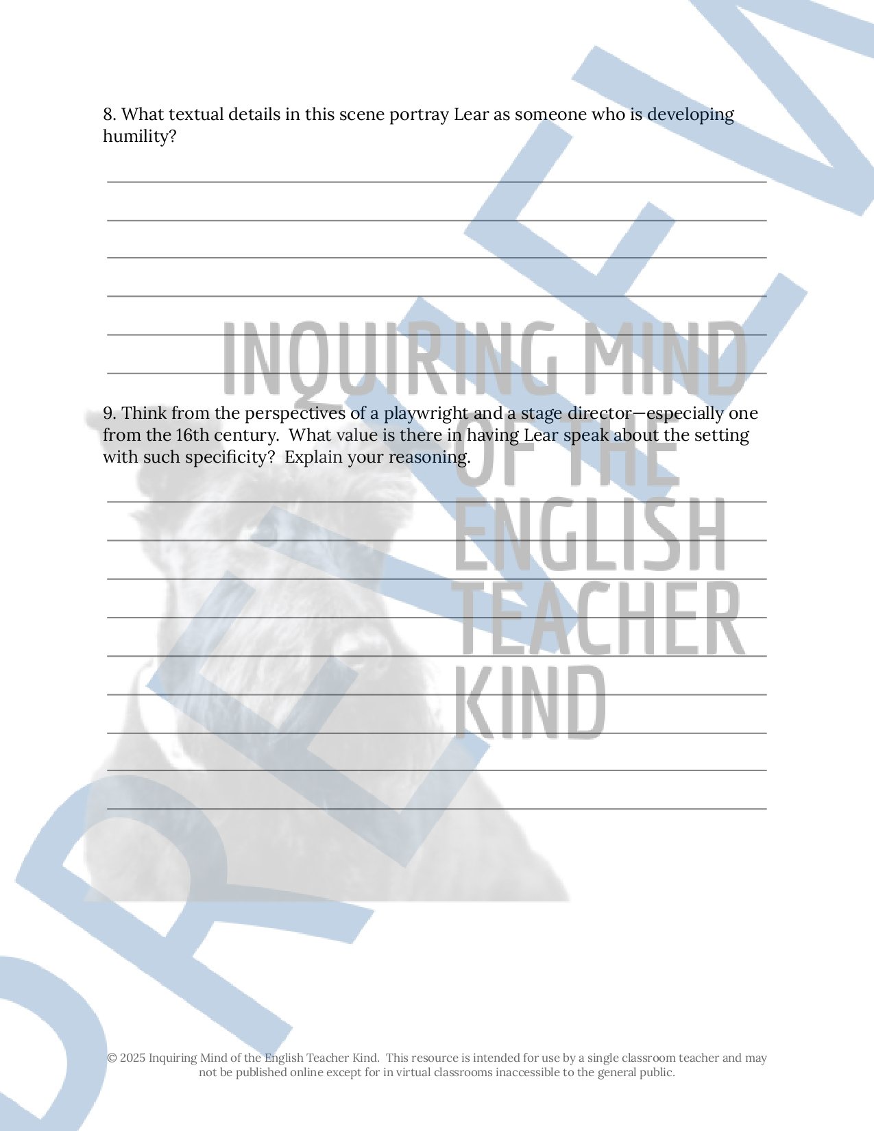 Shakespeare's King Lear Close Reading Analysis Worksheets and Answer Keys for High School English Language Arts by Inquiring Mind of the English Teacher Kind