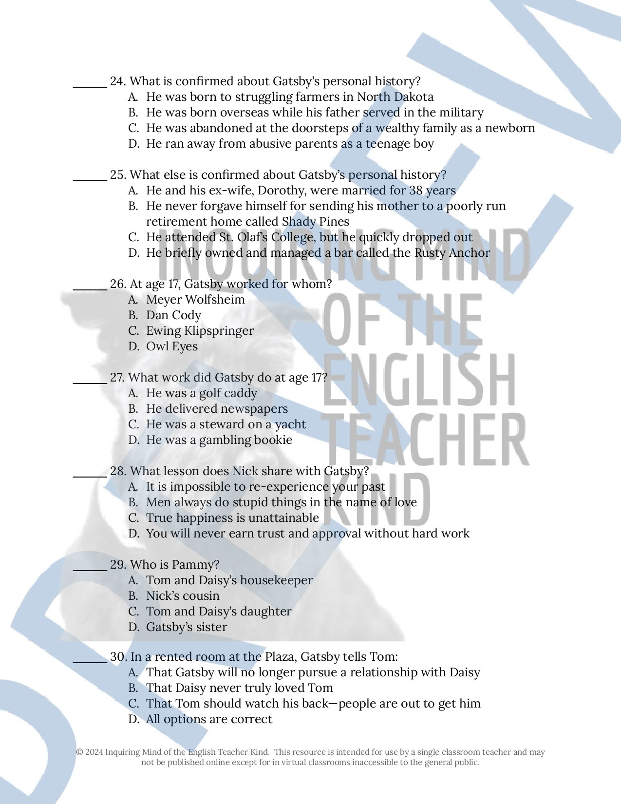 The Great Gatsby by F. Scott Fitzgerald Test, Answer Key, and Study Guide for High School