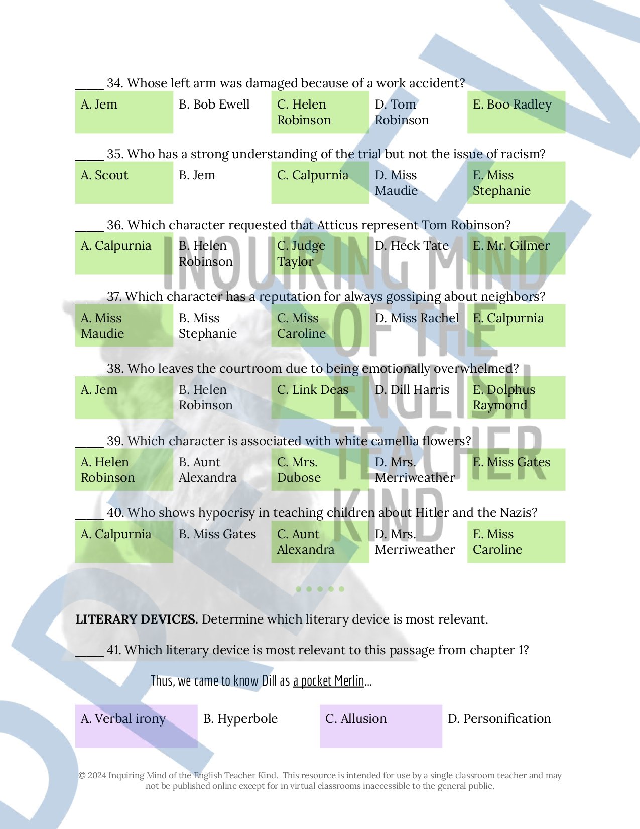 To Kill a Mockingbird Test and Answer Key with Study Guide for High School English Language Arts