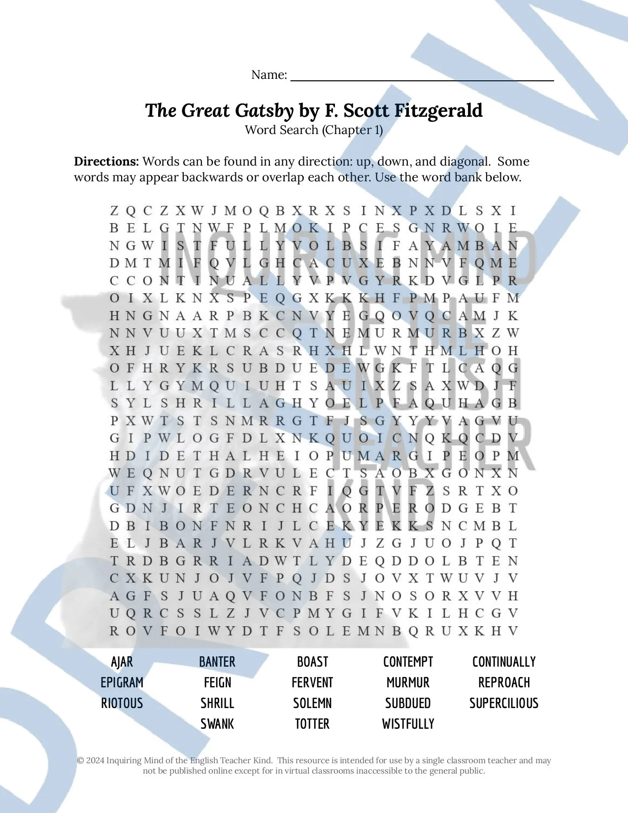 The Great Gatsby by F. Scott Fitzgerald Chapter 1 Quiz, Inference ...