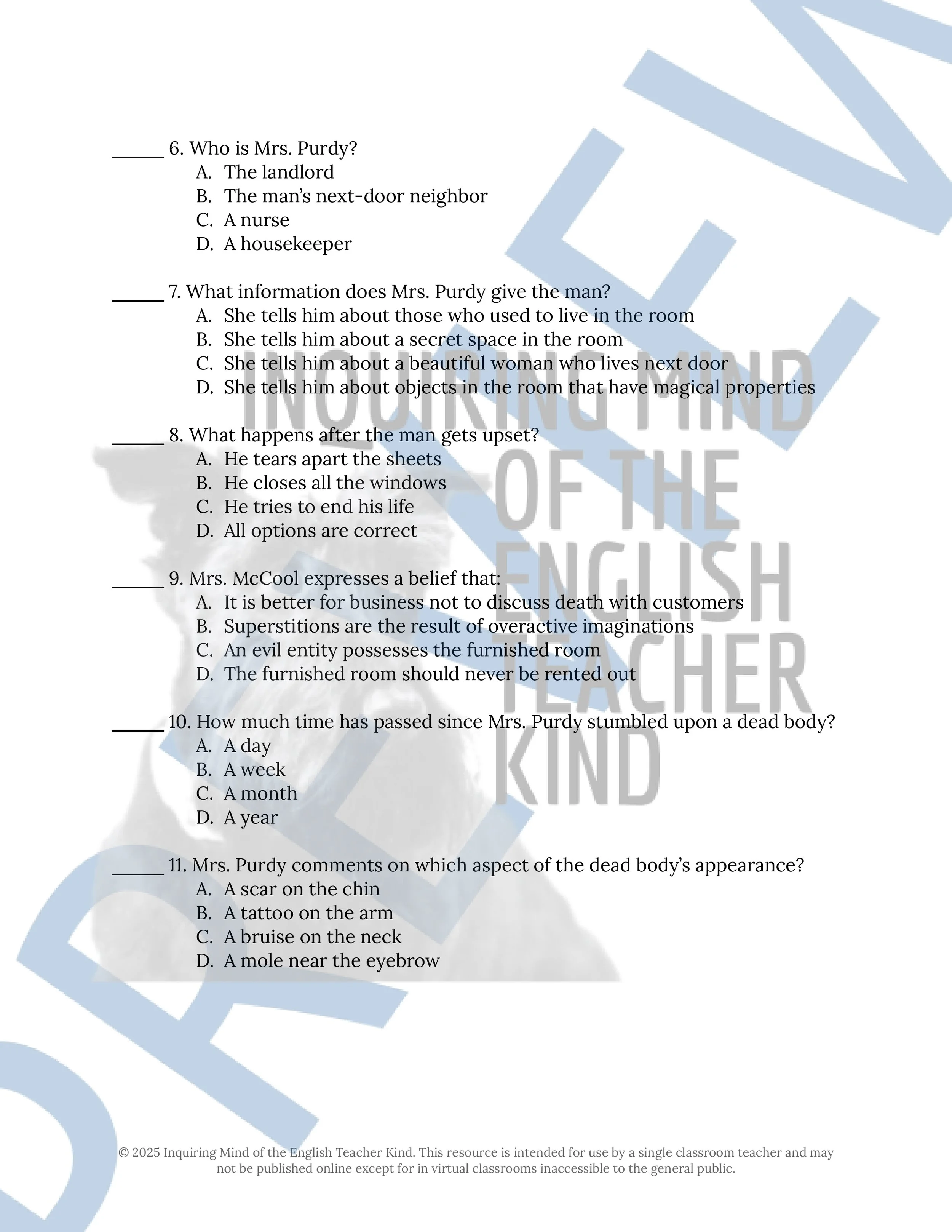"The Furnished Room" by O. Henry Quiz, Literary Analysis Worksheet, and Vocabulary Activities for High School from Inquiring Mind of the English Teacher Kind