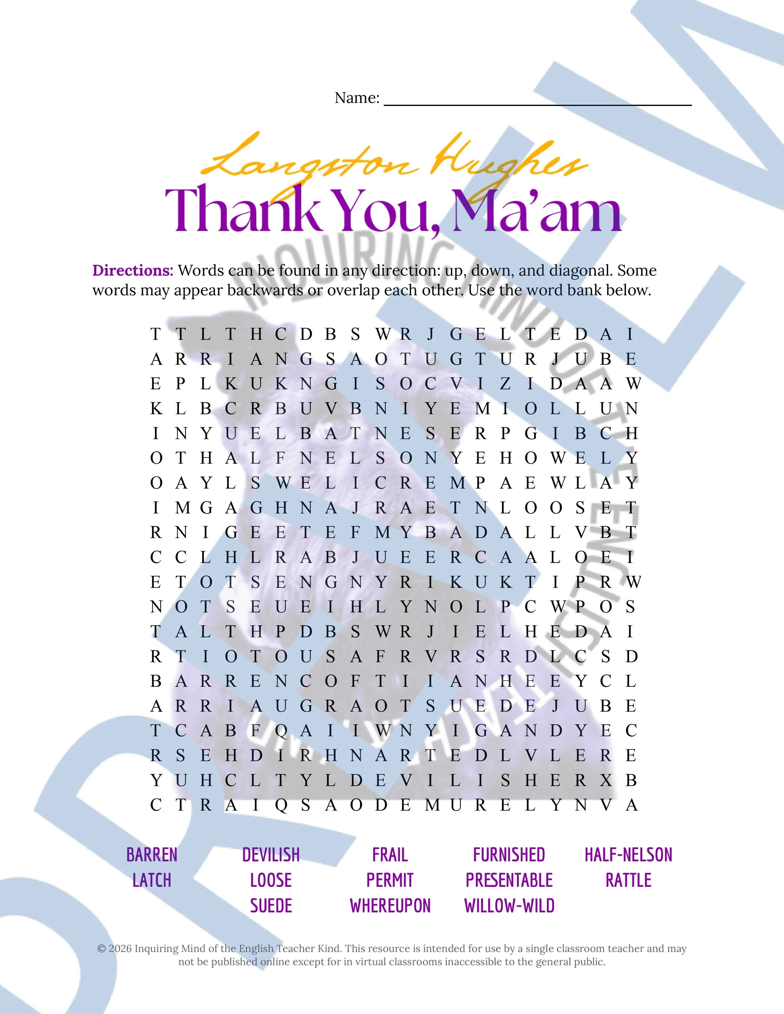 Thank You, Ma'am by Langston Hughes Vocabulary Worksheet, Crossword, and Word Search (4).jpg
