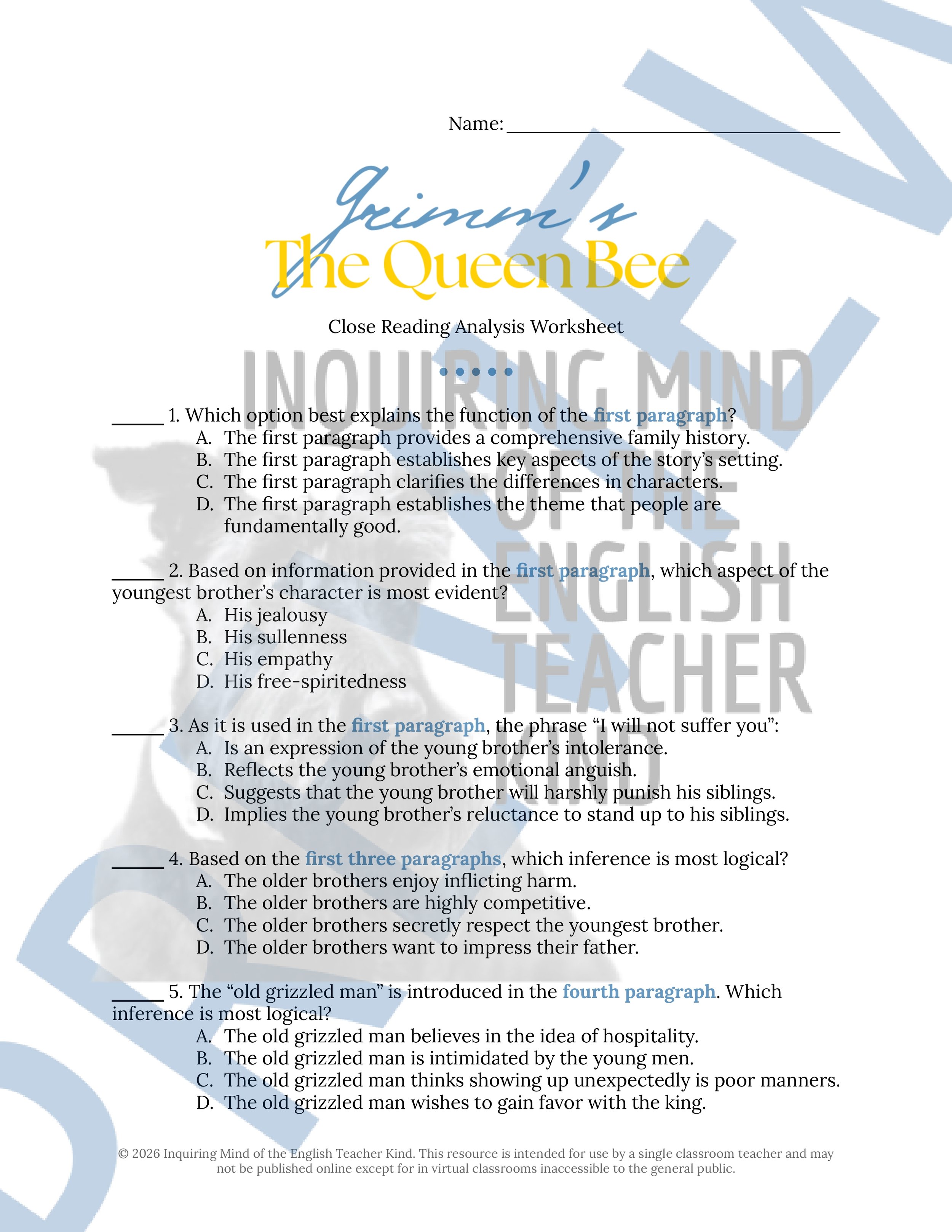 The Queen Bee Grimm's Fairy Tale Close Reading Analysis Worksheet (1).jpg